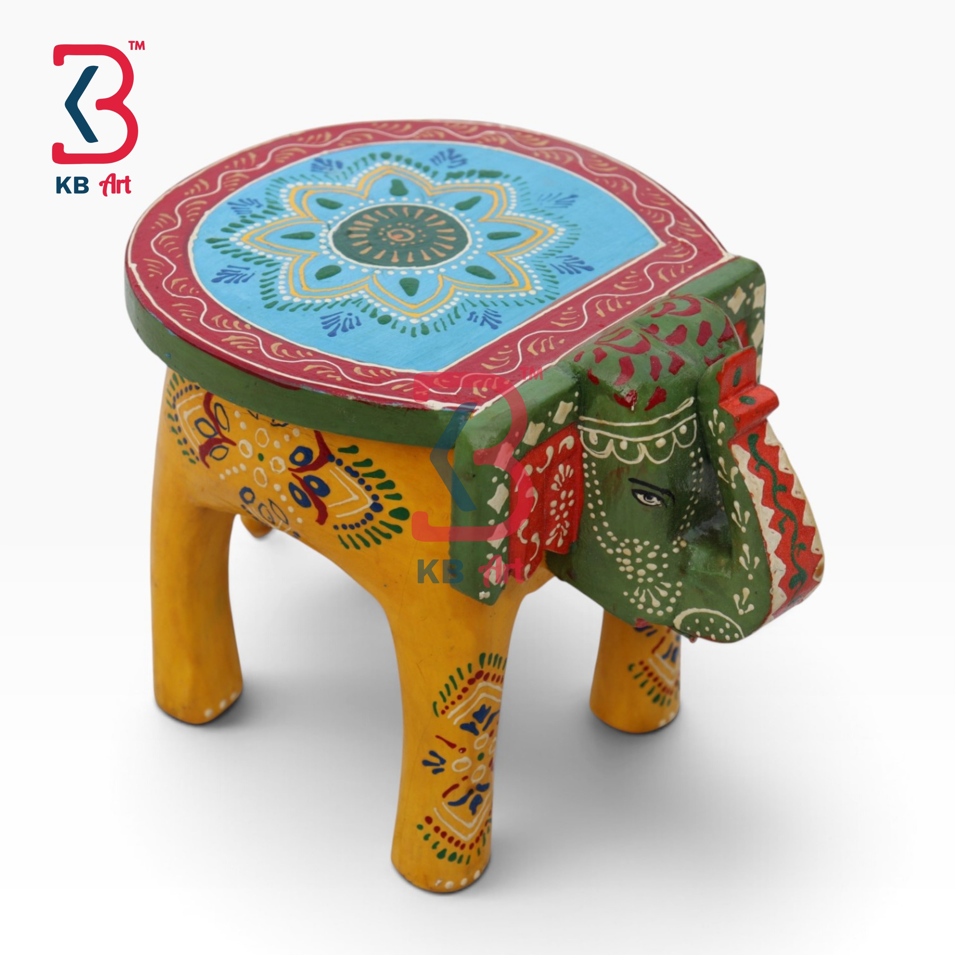 KB ART Wooden Elephant Stool KB-5113 - hand finished finish featuring elephant motif design, handmade Jodhpur wood decor