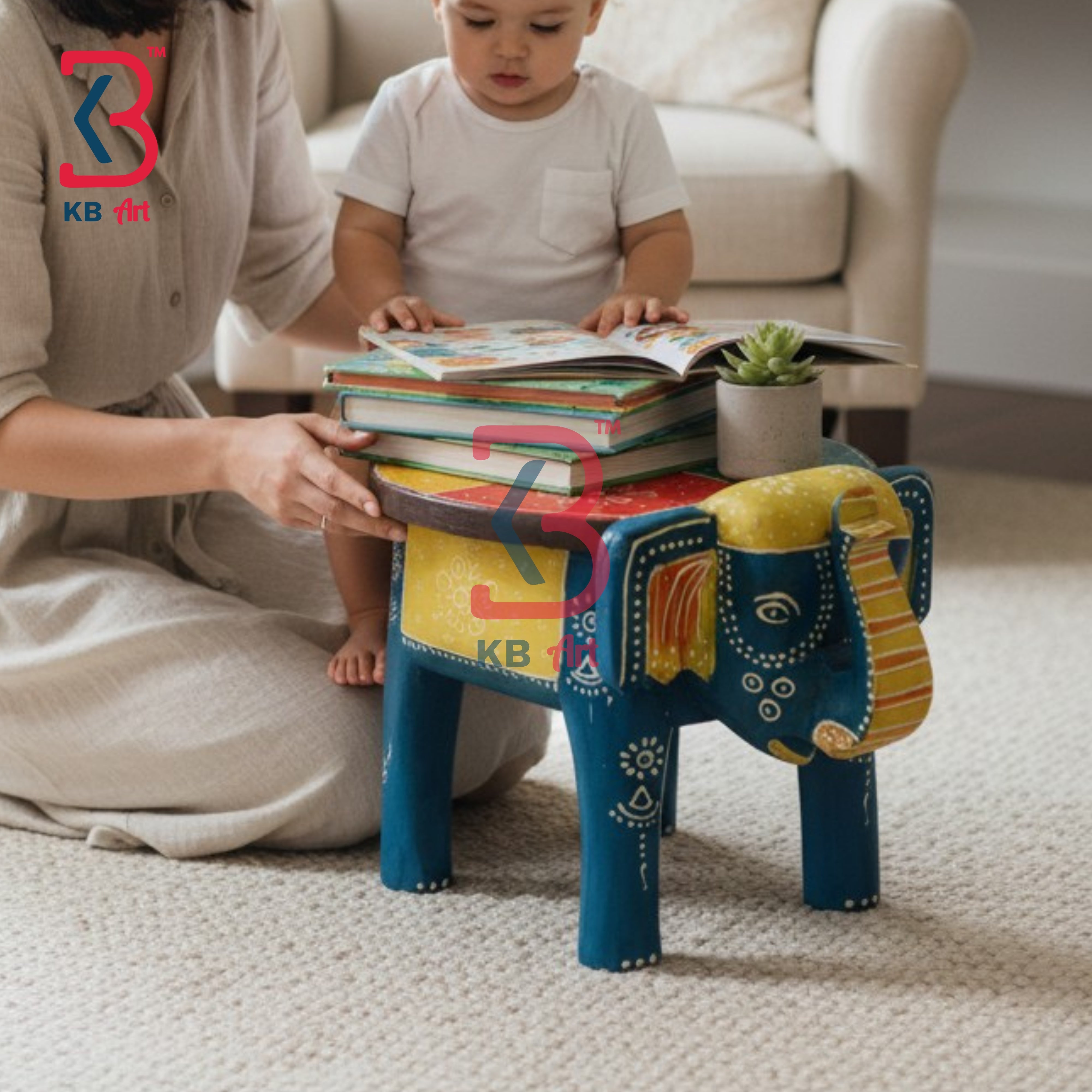 Wooden Elephant Stool KB-5114: A colorful elephant-shaped wooden stool in blue, yellow, and red, styled in a cozy living room setting with a child sitting on it reading