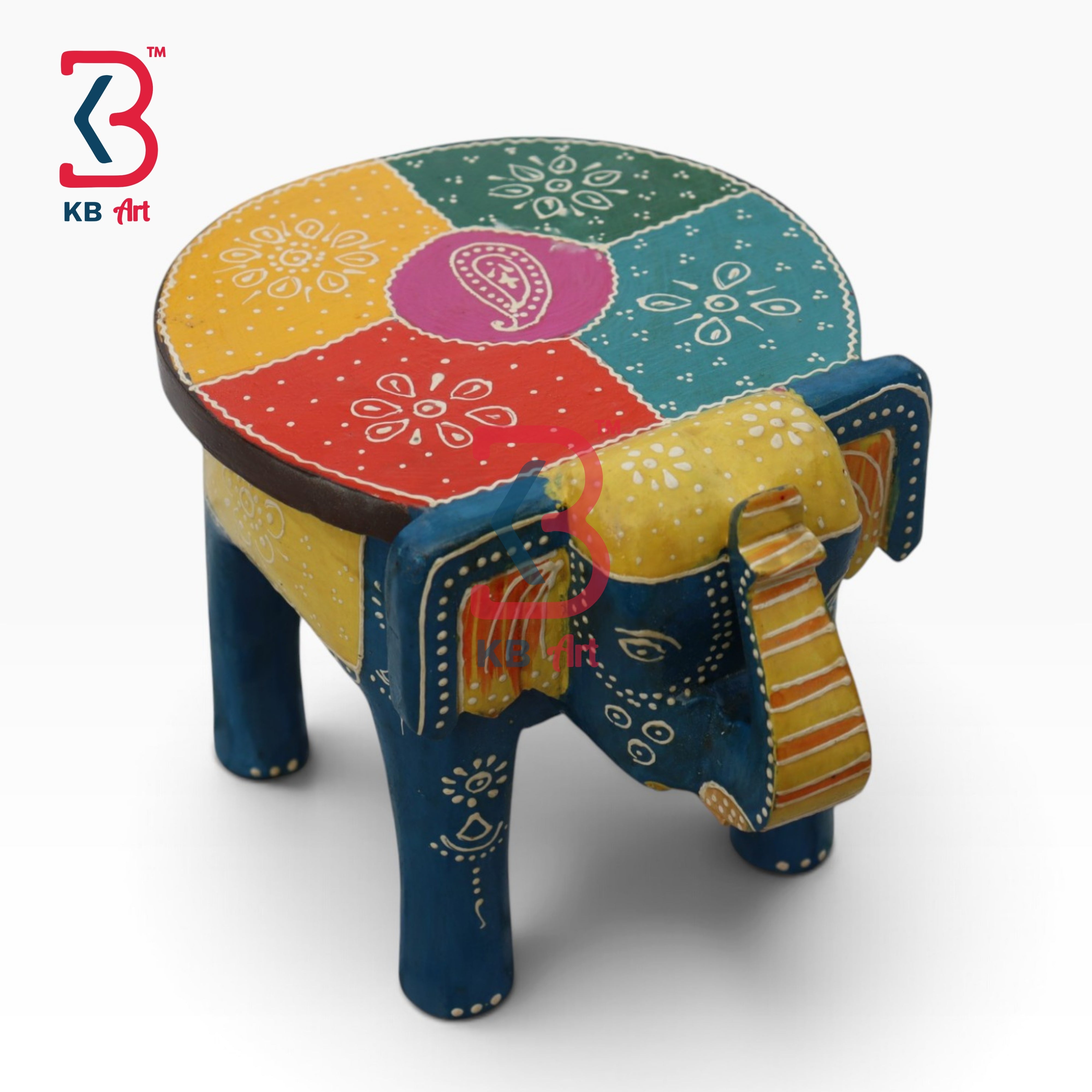 KB ART Wooden Elephant Stool KB-5114 - hand carved finish featuring elephant motif design, handmade Jodhpur wood decor