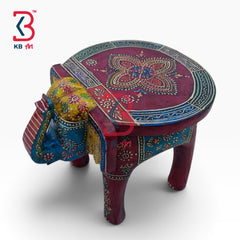 KB ART Wooden Elephant Stool KB-5115 - hand finished finish featuring elephant motif design, handmade Jodhpur wood decor