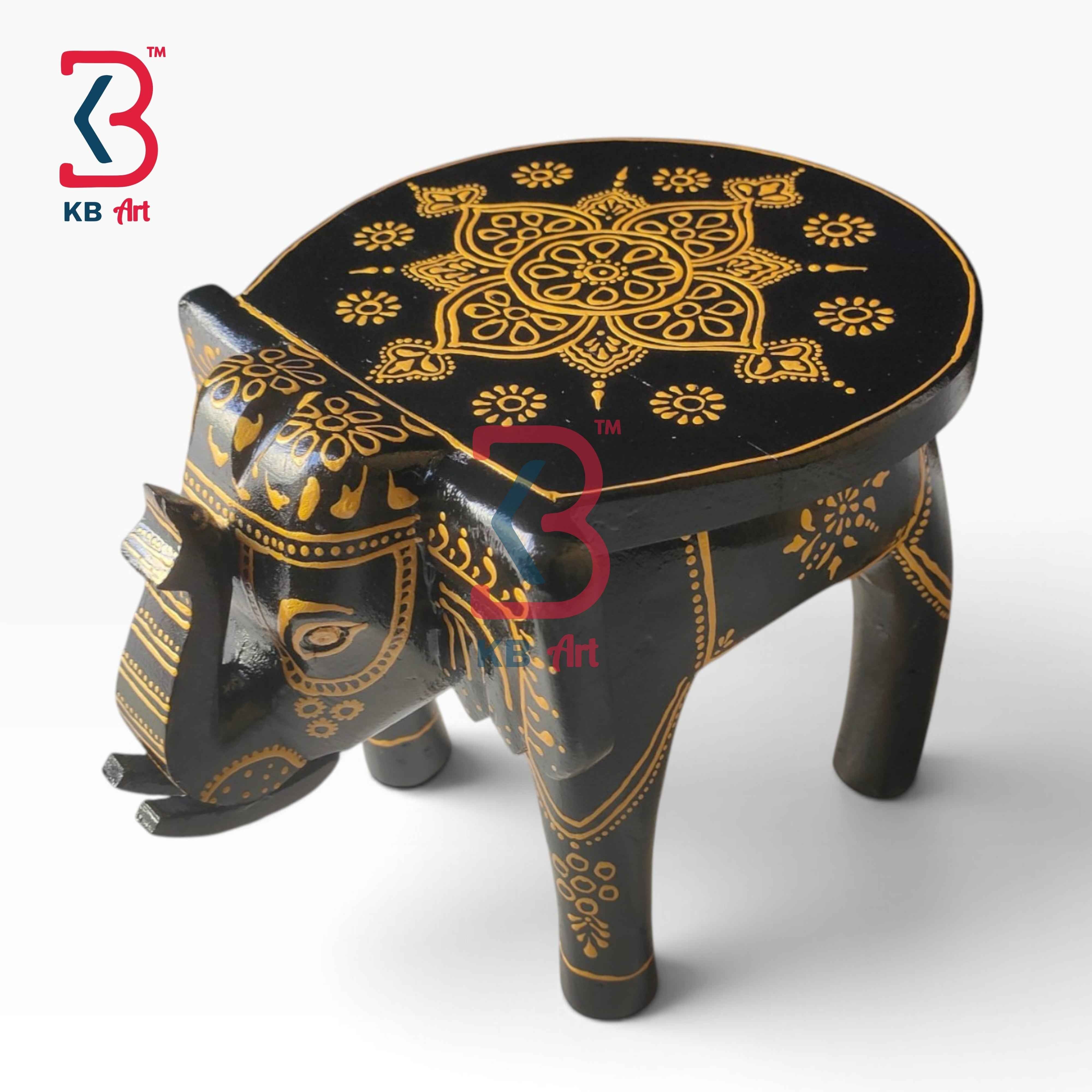Embossed Work Wooden Elephant Pooja Room Chowki Indian Home Decor Styling Traditional Artisan Furniture Accent Display Puja Mandir Ritual Festive