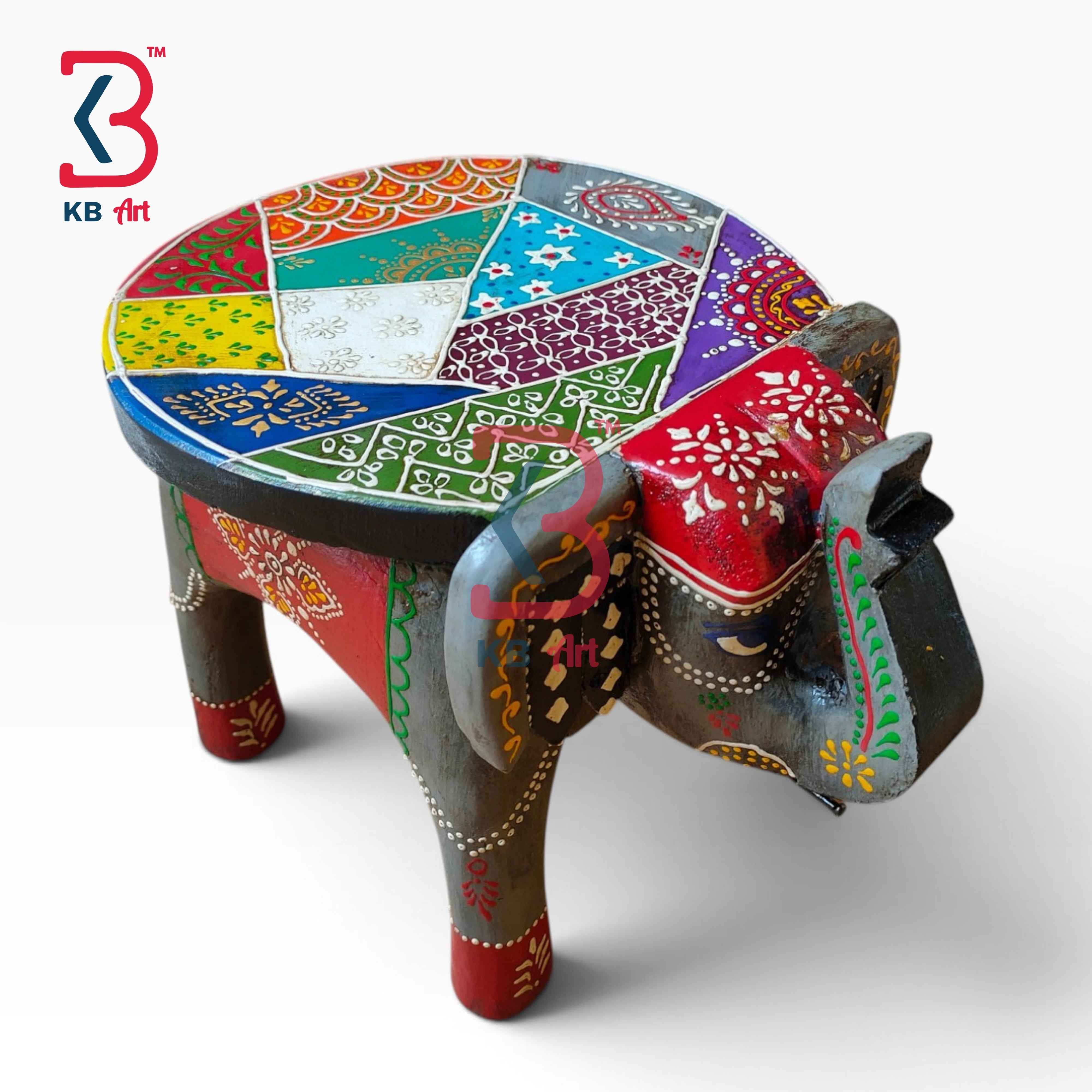 Hand Carved Solid Wood Elephant Sitting Stool Indian Home Decor Styling Traditional Artisan Furniture Accent Display Puja Mandir Ritual Festive
