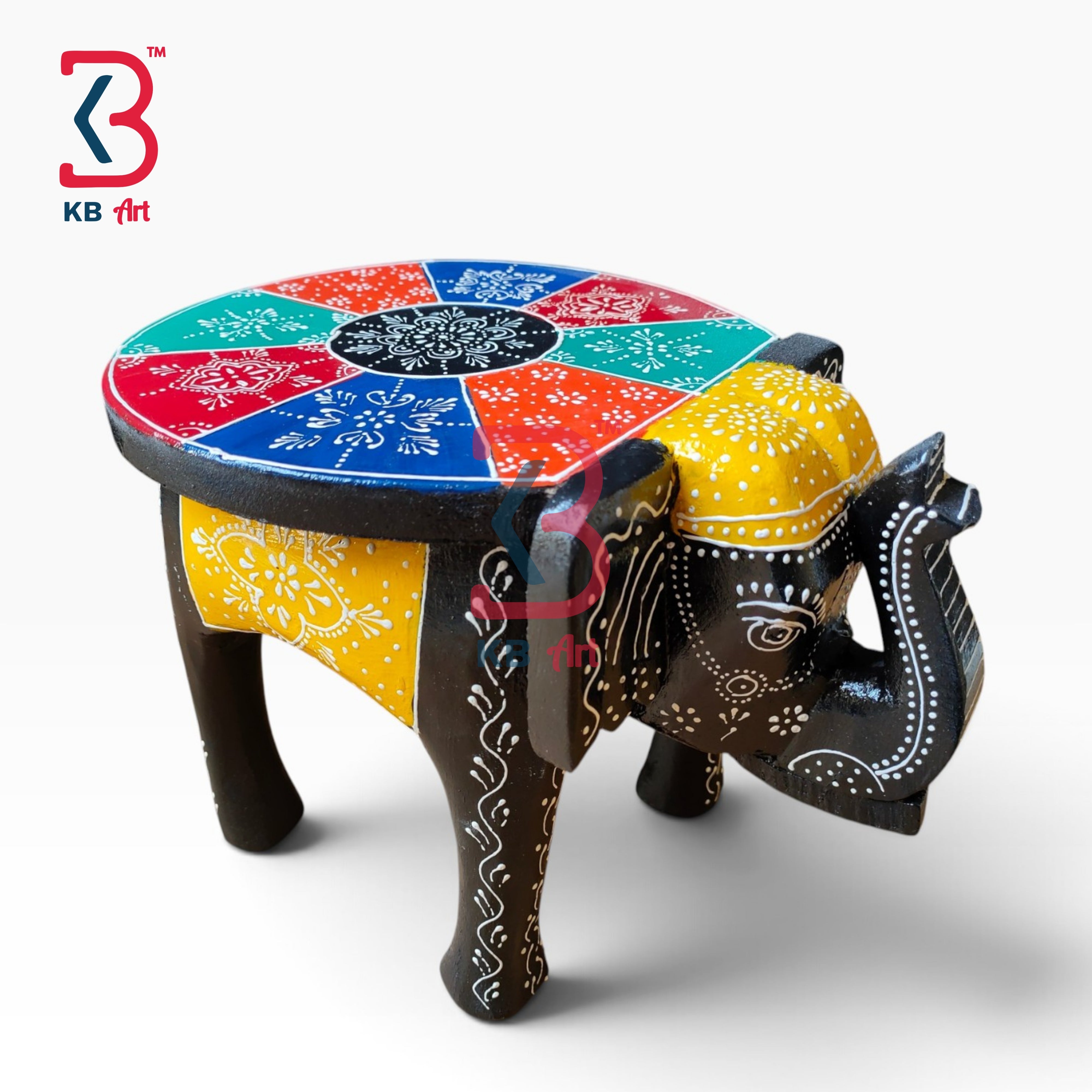 KB ART Wooden Elephant Stool KB-5120 - hand finished finish featuring elephant motif design, handmade Jodhpur wood decor
