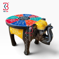 KB ART Wooden Elephant Stool KB-5120 - hand finished finish featuring elephant motif design, handmade Jodhpur wood decor