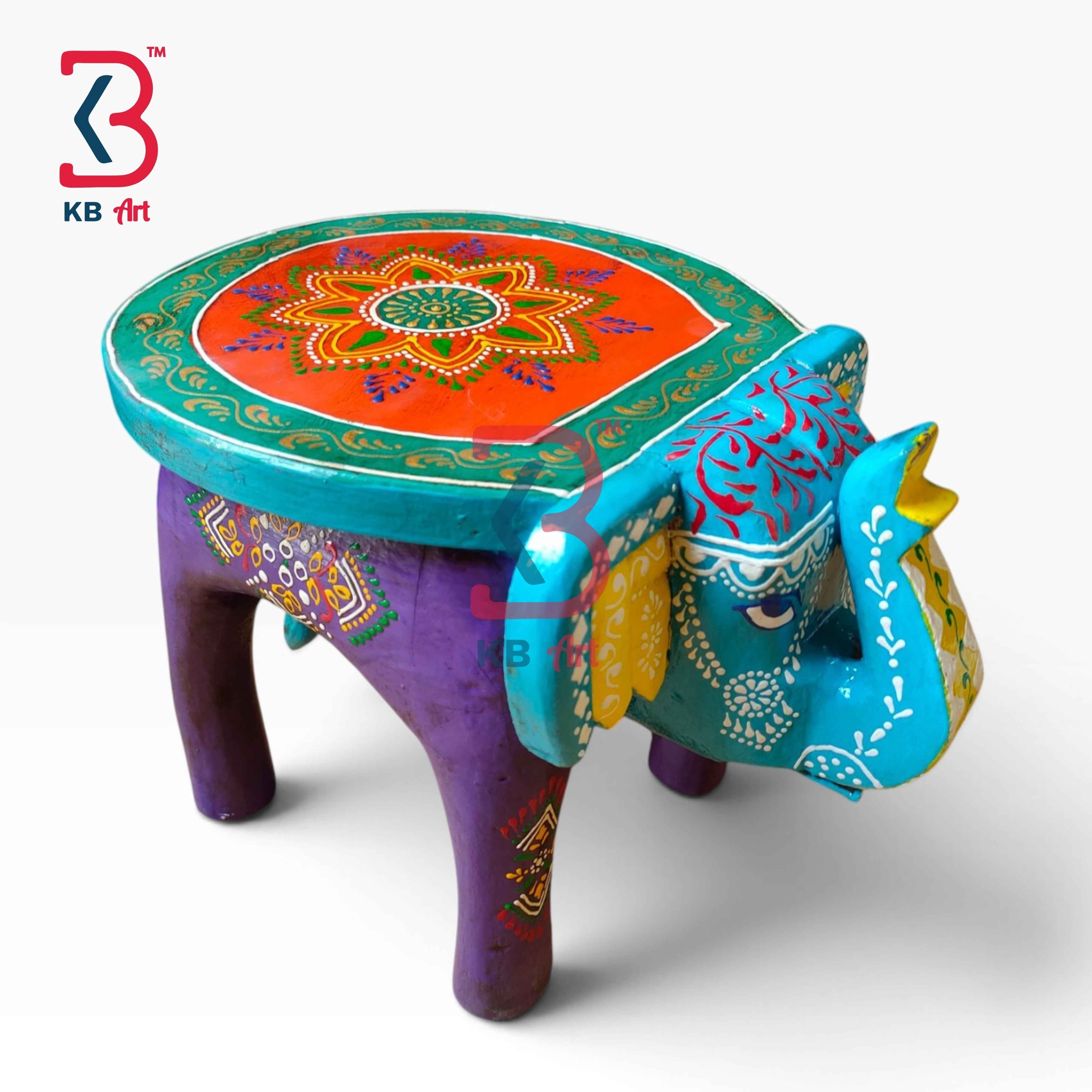 Ethnic Hand Painted Wooden Elephant Plant Pedestal Indian Home Decor Styling Traditional Artisan Furniture Accent Display Puja Mandir Ritual Festive