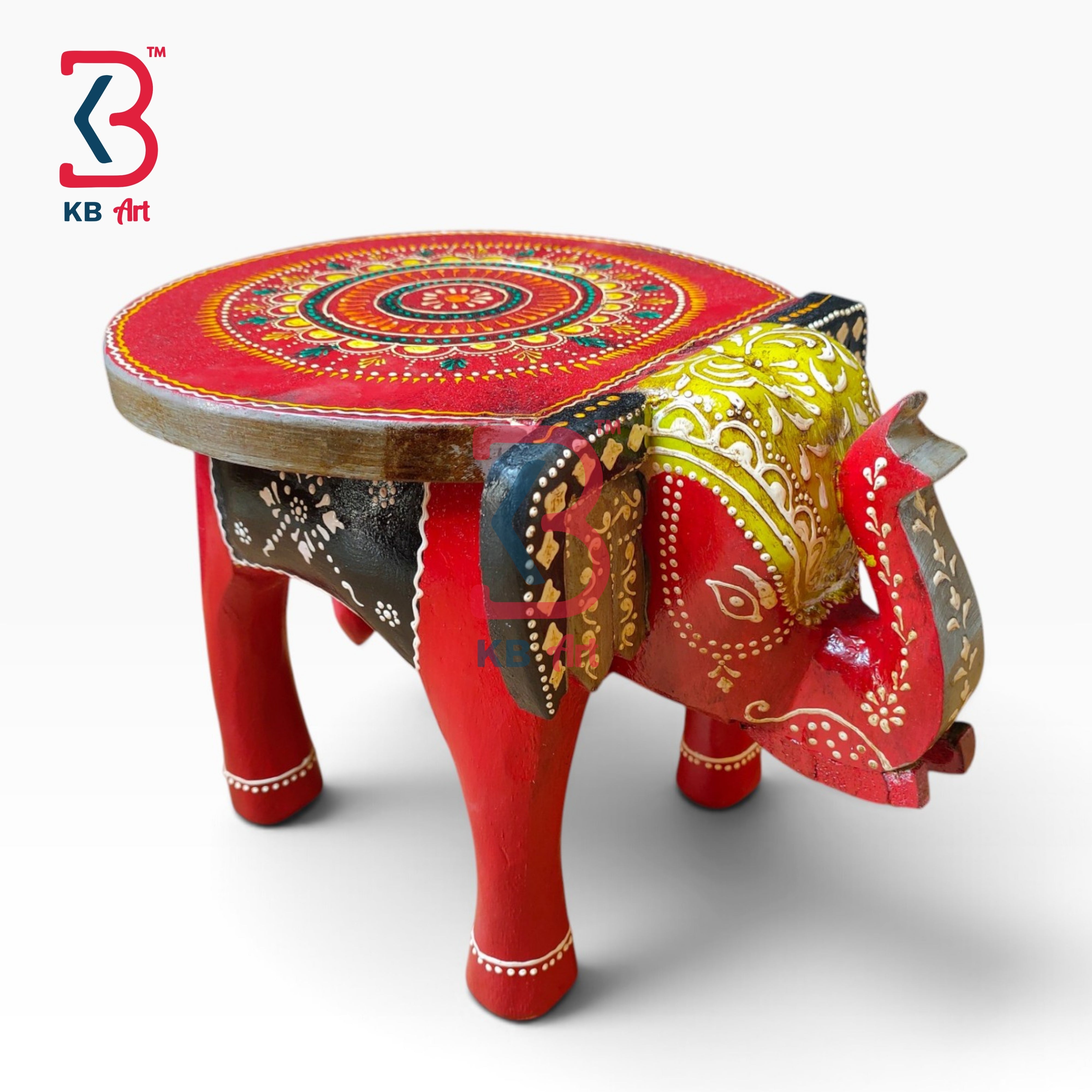 KB ART Wooden Elephant Stool KB-5122 - hand finished finish featuring elephant motif design, handmade Jodhpur wood decor