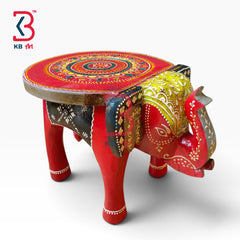 KB ART Wooden Elephant Stool KB-5122 - hand finished finish featuring elephant motif design, handmade Jodhpur wood decor
