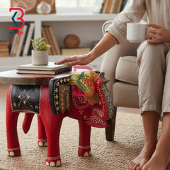 KB ART Wooden Elephant Stool KB-5122 - hand finished finish featuring elephant motif design, handmade Jodhpur wood decor