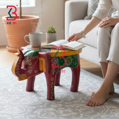 KB ART Wooden Elephant Stool KB-5126 - hand finished finish featuring elephant motif design, handmade Jodhpur wood decor