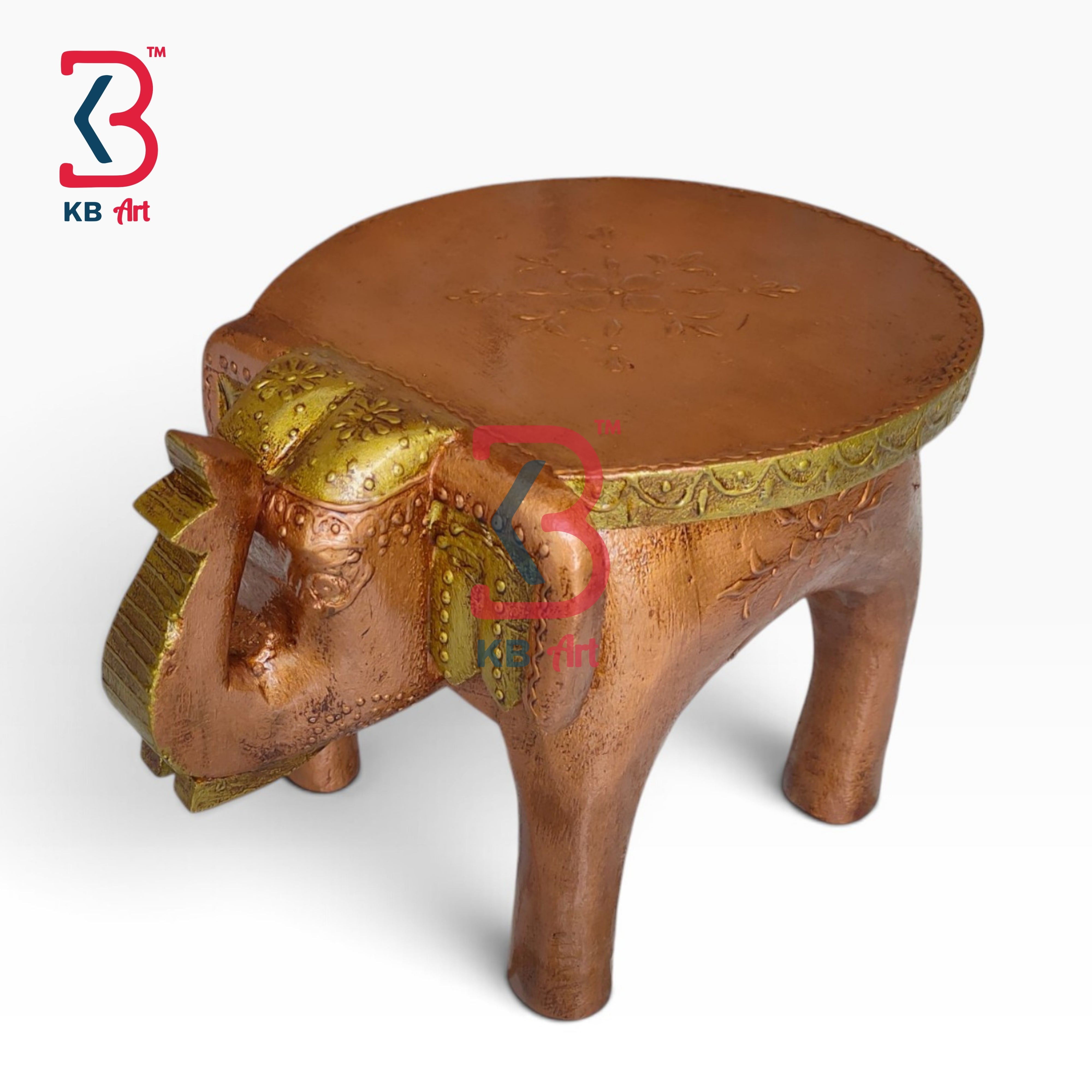 KB ART Wooden Elephant Stool KB-5128 - hand finished finish featuring elephant motif design, handmade Jodhpur wood decor