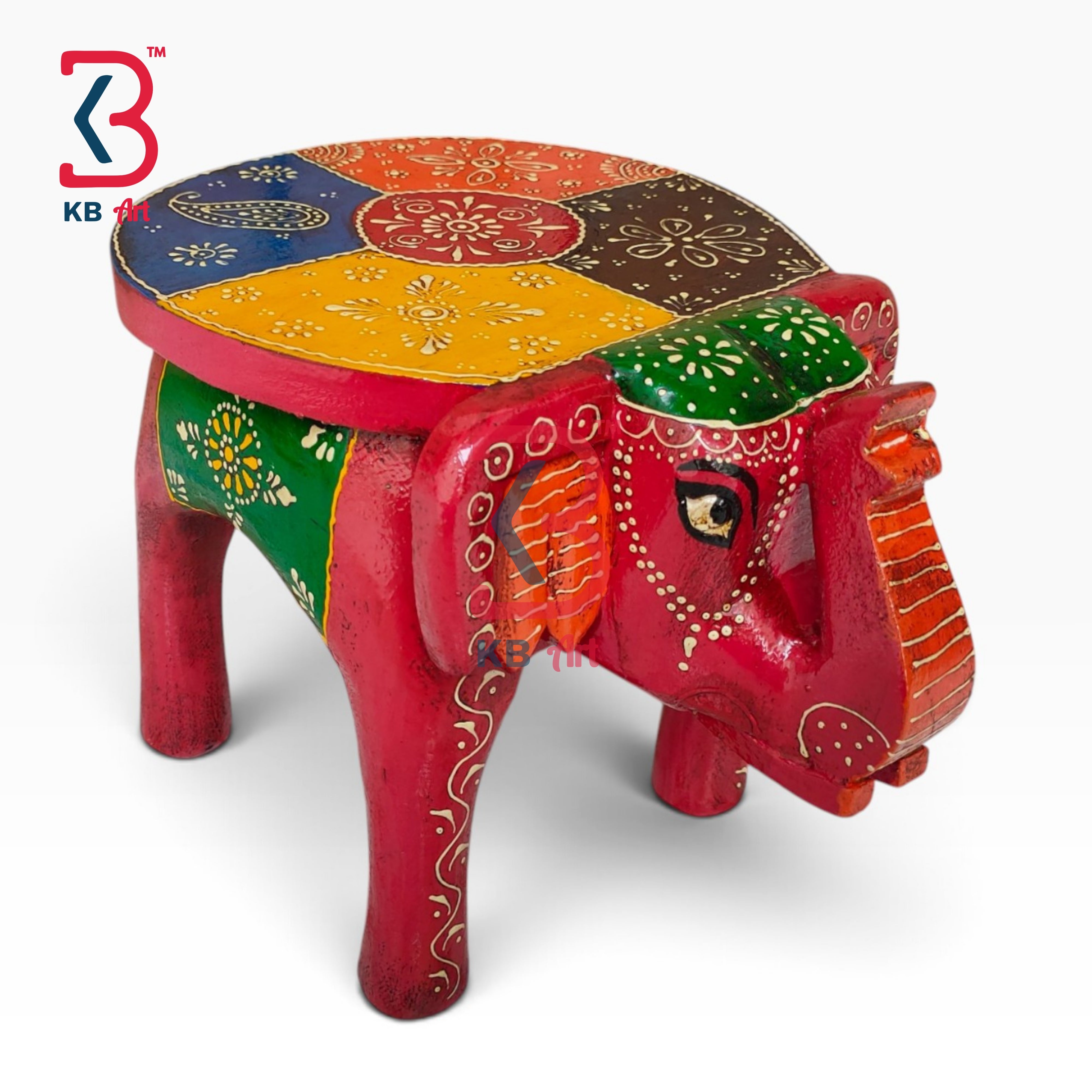 KB ART Wooden Elephant Stool KB-5129 - hand finished finish featuring elephant motif design, handmade Jodhpur wood decor