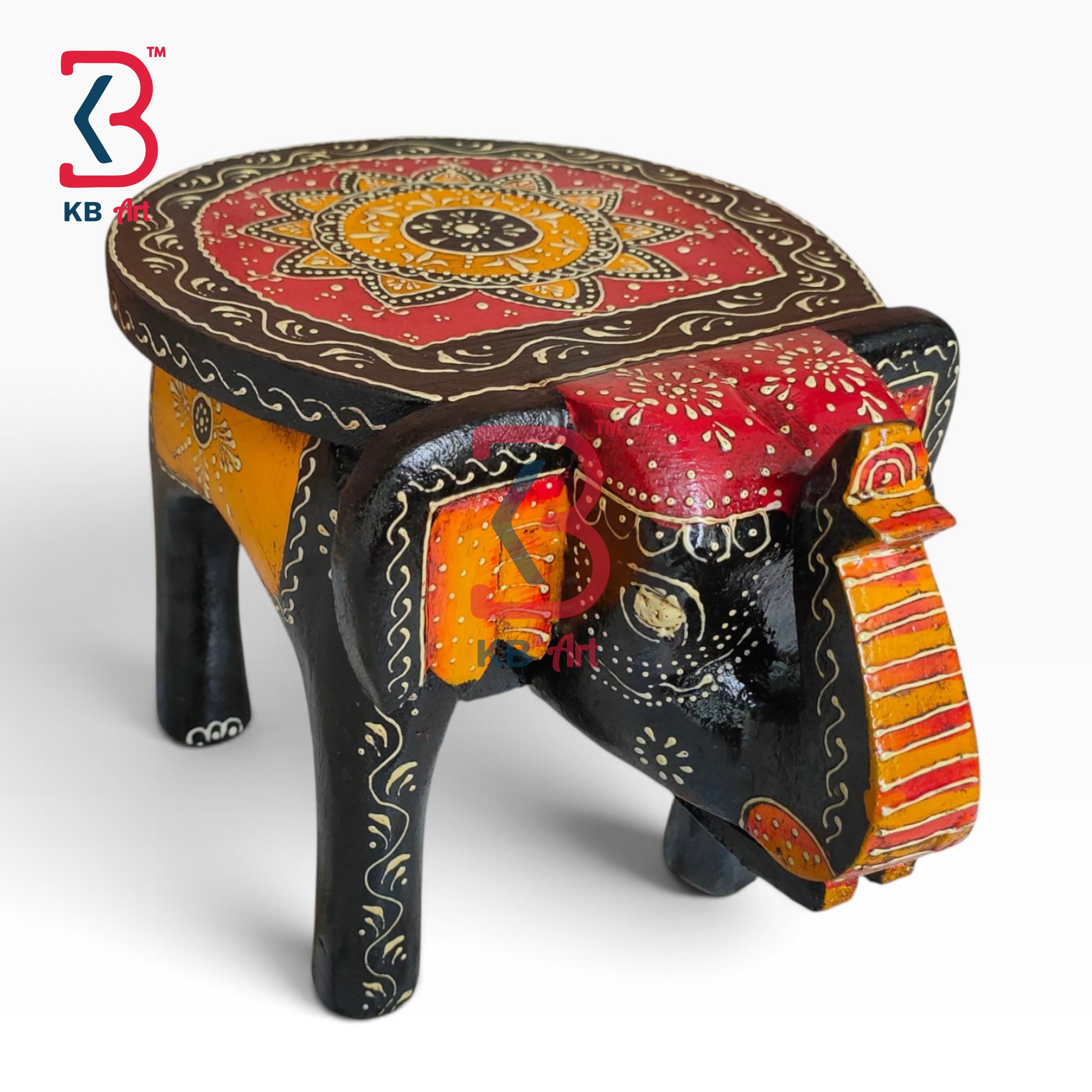 KB ART Wooden Elephant Stool KB-5130 - handcrafted finish featuring elephant motif design, handmade Jodhpur wood decor