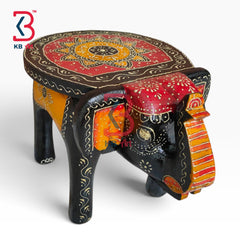 KB ART Wooden Elephant Stool KB-5130 - handcrafted finish featuring elephant motif design, handmade Jodhpur wood decor