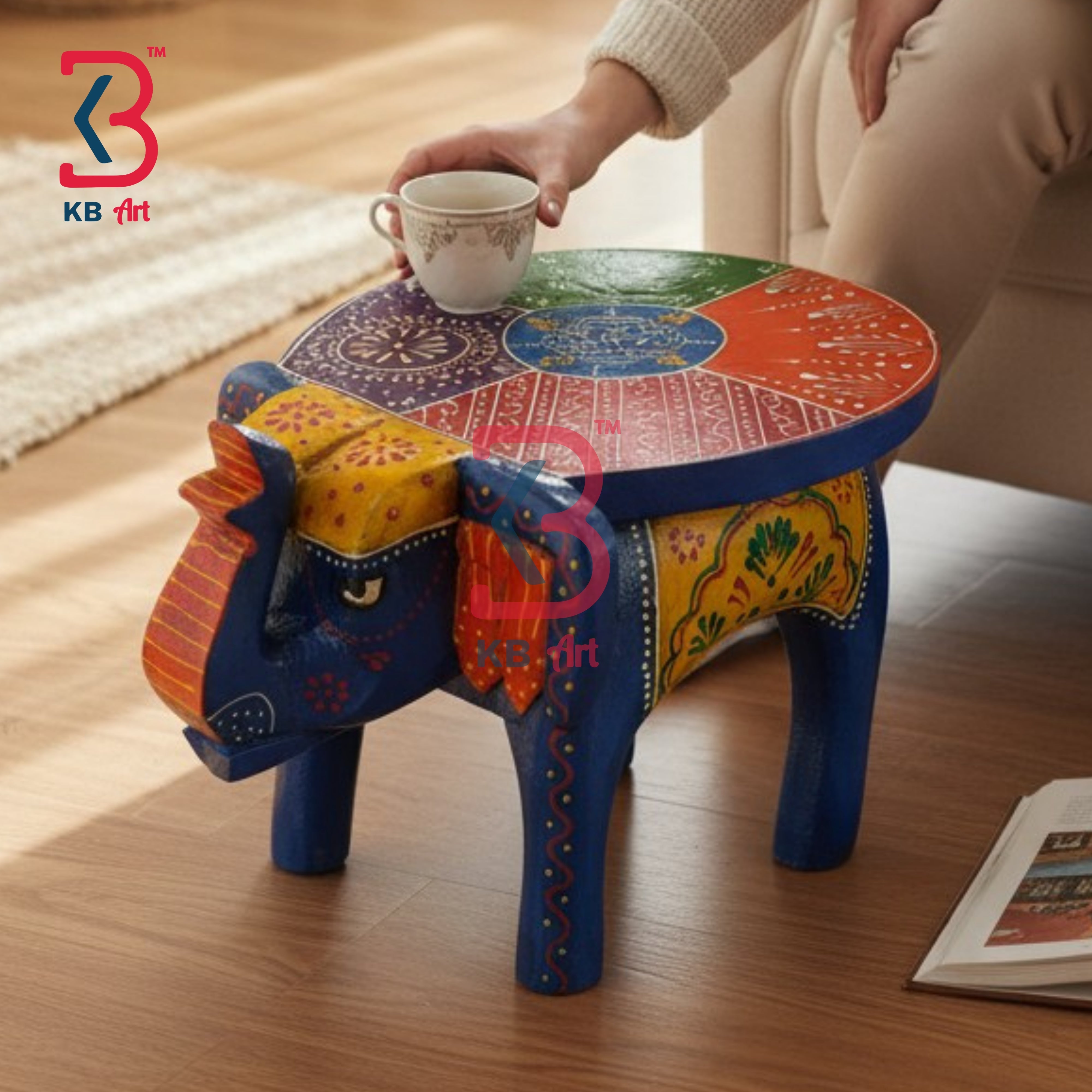 KB ART Wooden Elephant Stool KB-5131 - hand painted finish featuring elephant motif design, handmade Jodhpur wood decor