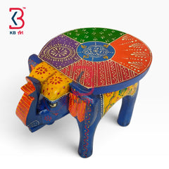 KB ART Wooden Elephant Stool KB-5131 - hand painted finish featuring elephant motif design, handmade Jodhpur wood decor