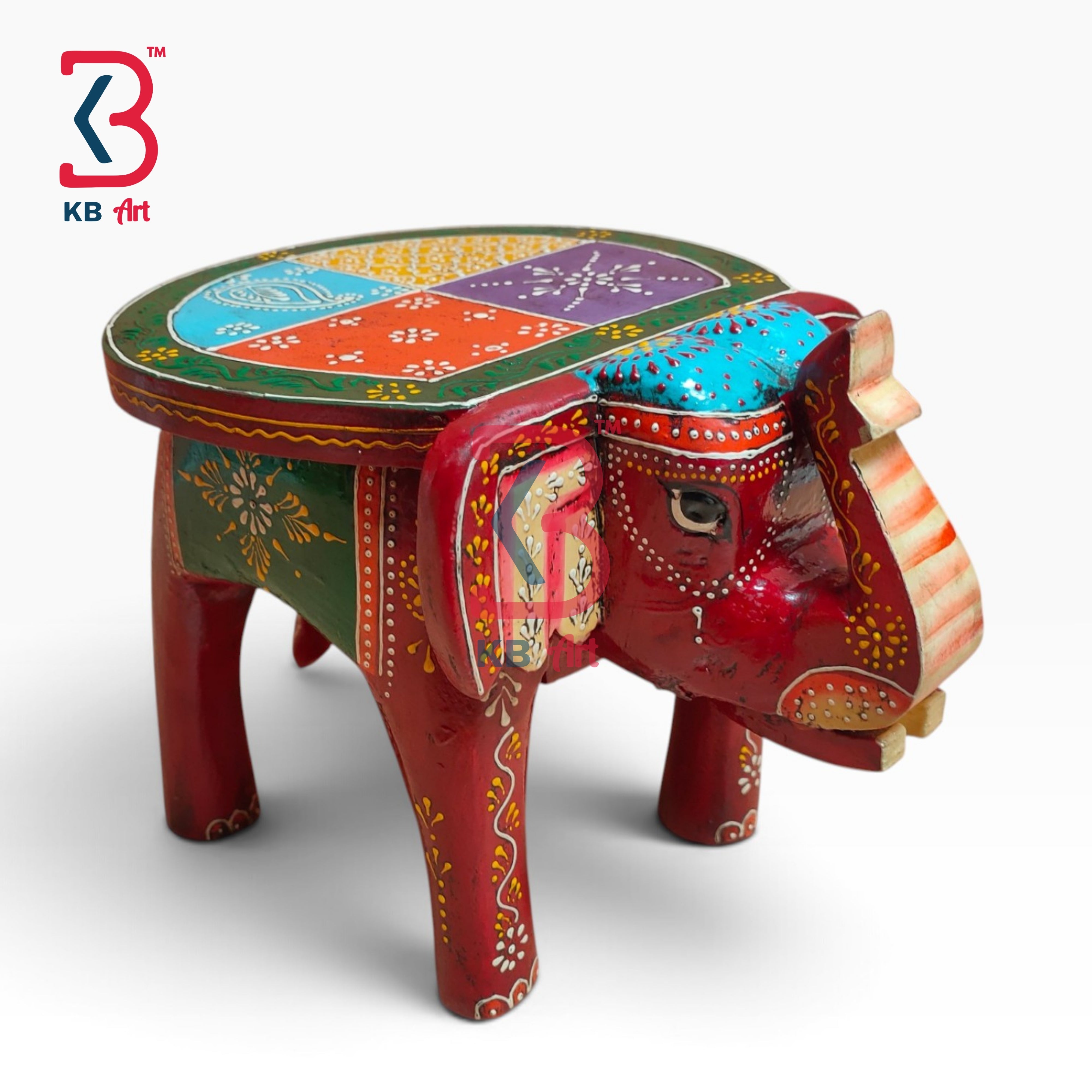 KB ART Wooden Elephant Stool KB-5133 - handcrafted finish featuring elephant motif design, handmade Jodhpur wood decor