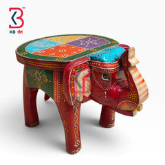 KB ART Wooden Elephant Stool KB-5133 - handcrafted finish featuring elephant motif design, handmade Jodhpur wood decor