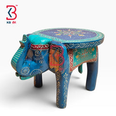 KB ART Wooden Elephant Stool KB-5134 - hand carved finish featuring elephant motif design, handmade Jodhpur wood decor