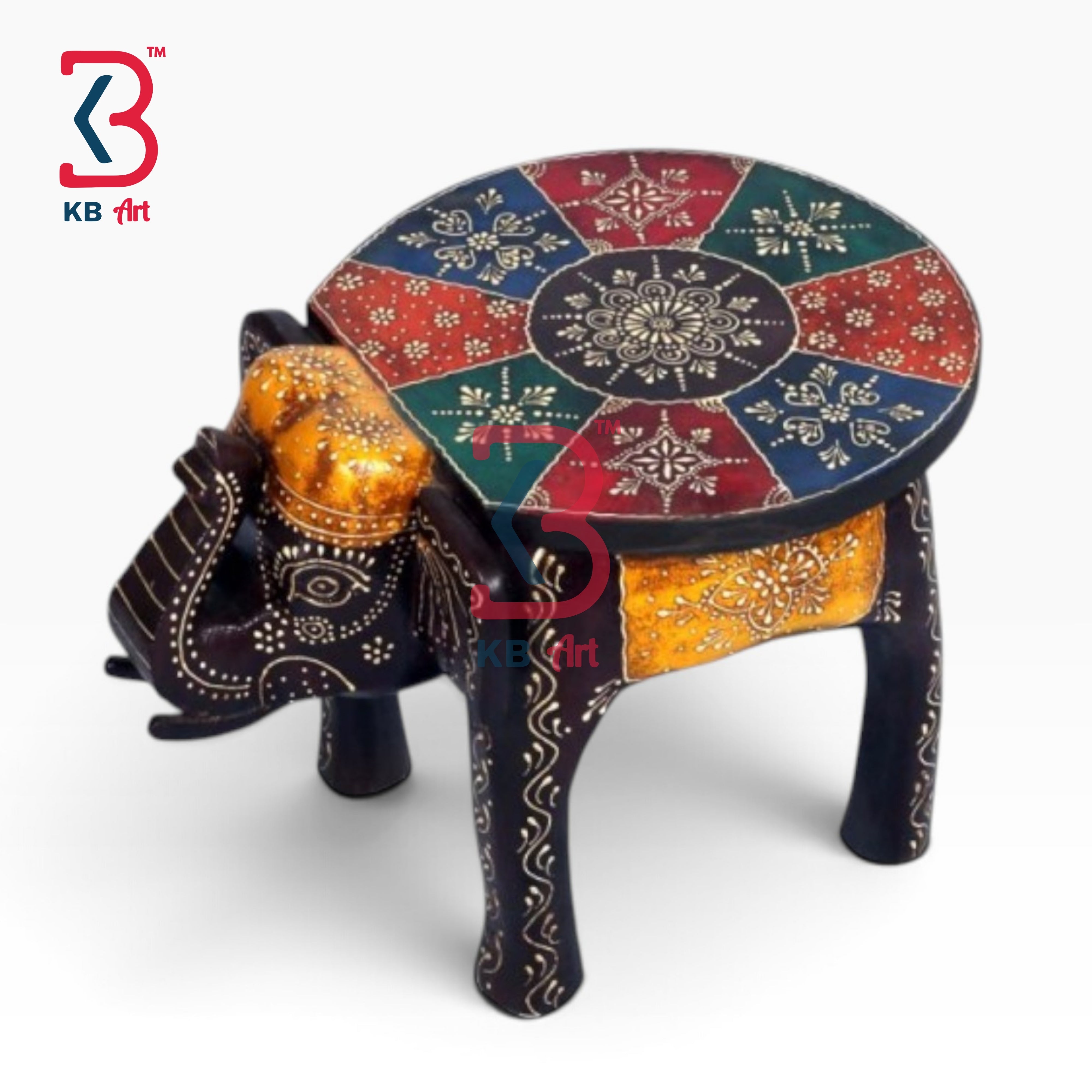 KB ART Wooden Elephant Stool KB-5136 - hand finished finish featuring elephant motif design, handmade Jodhpur wood decor