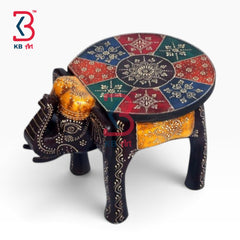 KB ART Wooden Elephant Stool KB-5136 - hand finished finish featuring elephant motif design, handmade Jodhpur wood decor