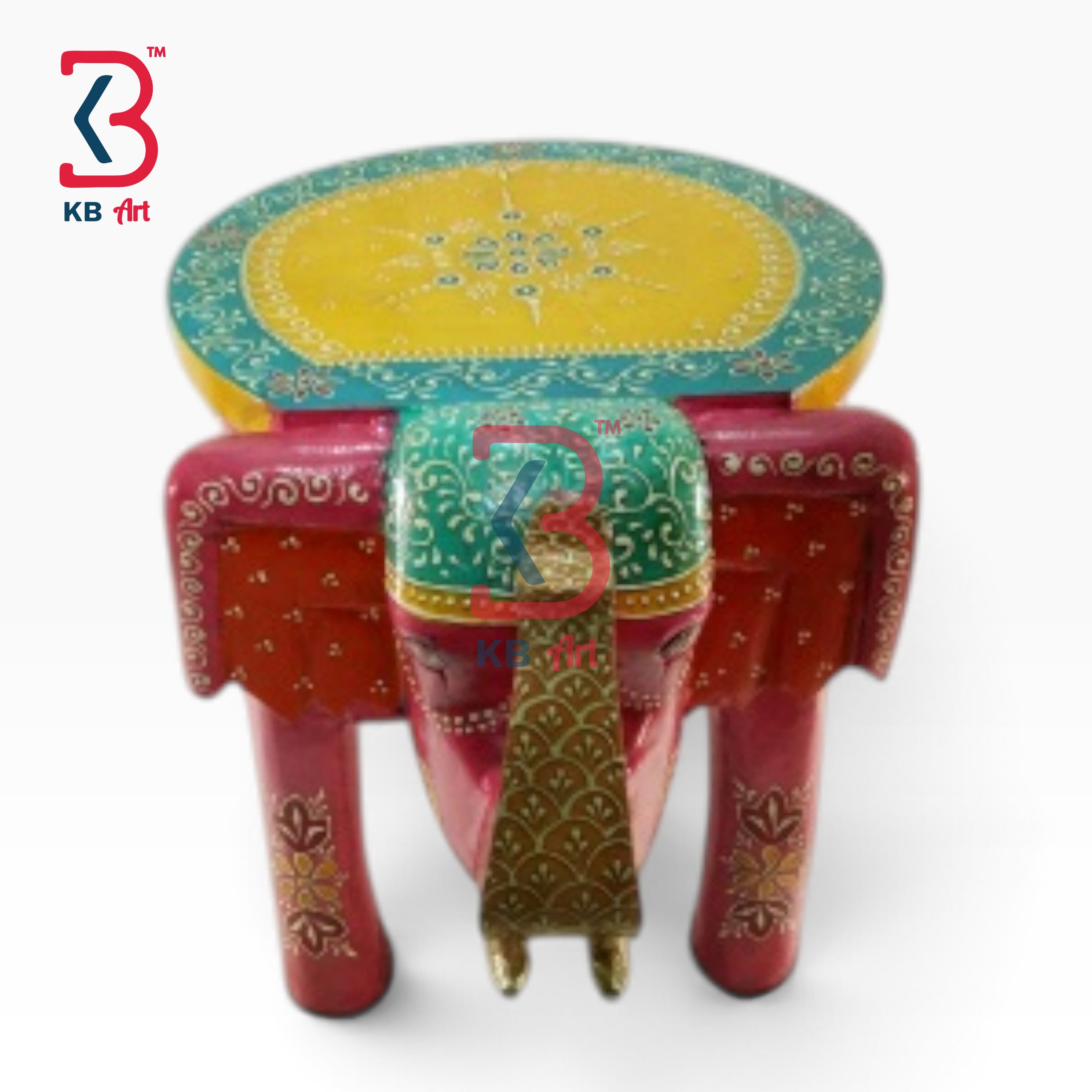 KB ART Wooden Elephant Stool KB-5137 - hand carved finish featuring elephant motif design, handmade Jodhpur wood decor