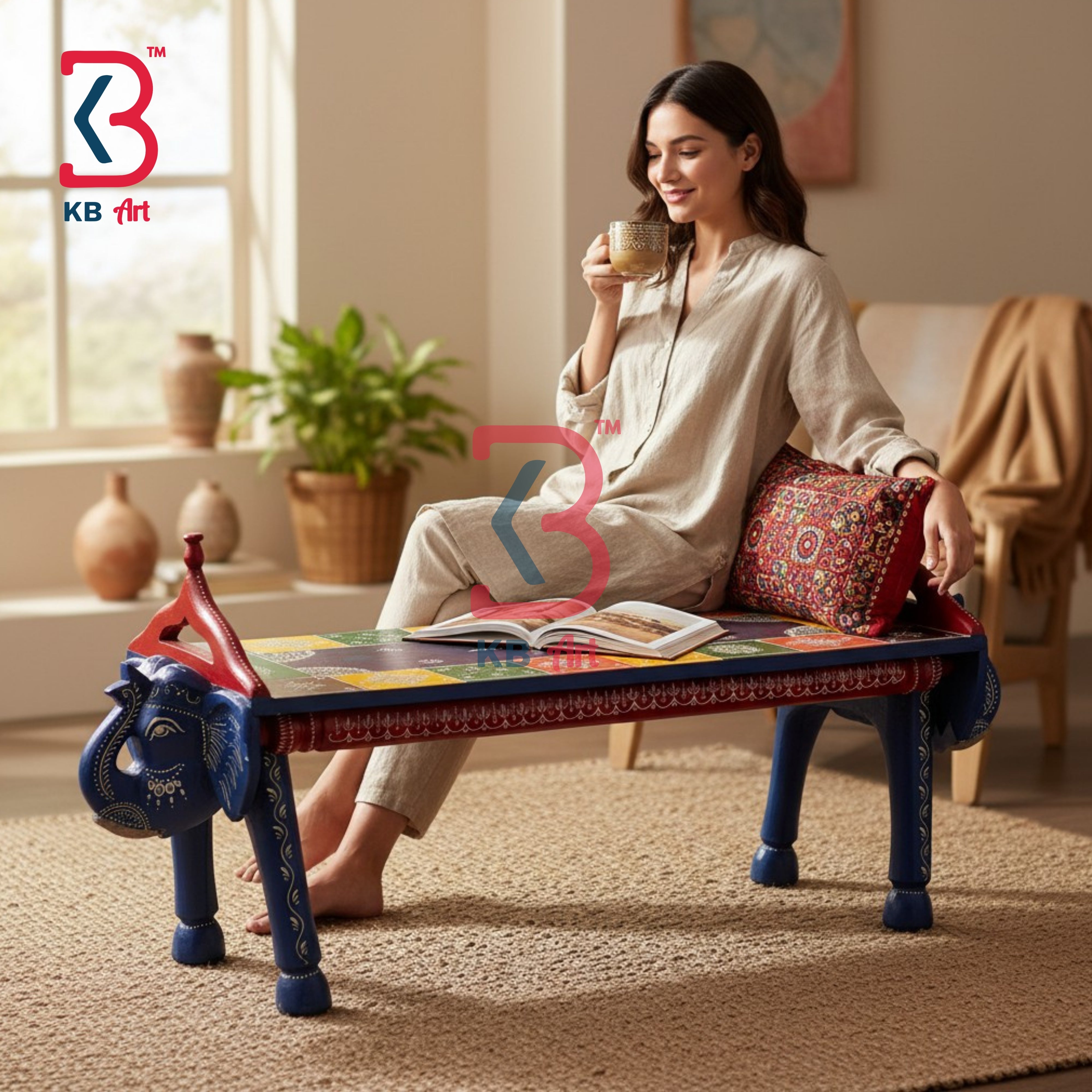 KB ART Wooden Bench KB-5145 - hand finished finish featuring elephant motif design, handmade Jodhpur wood decor