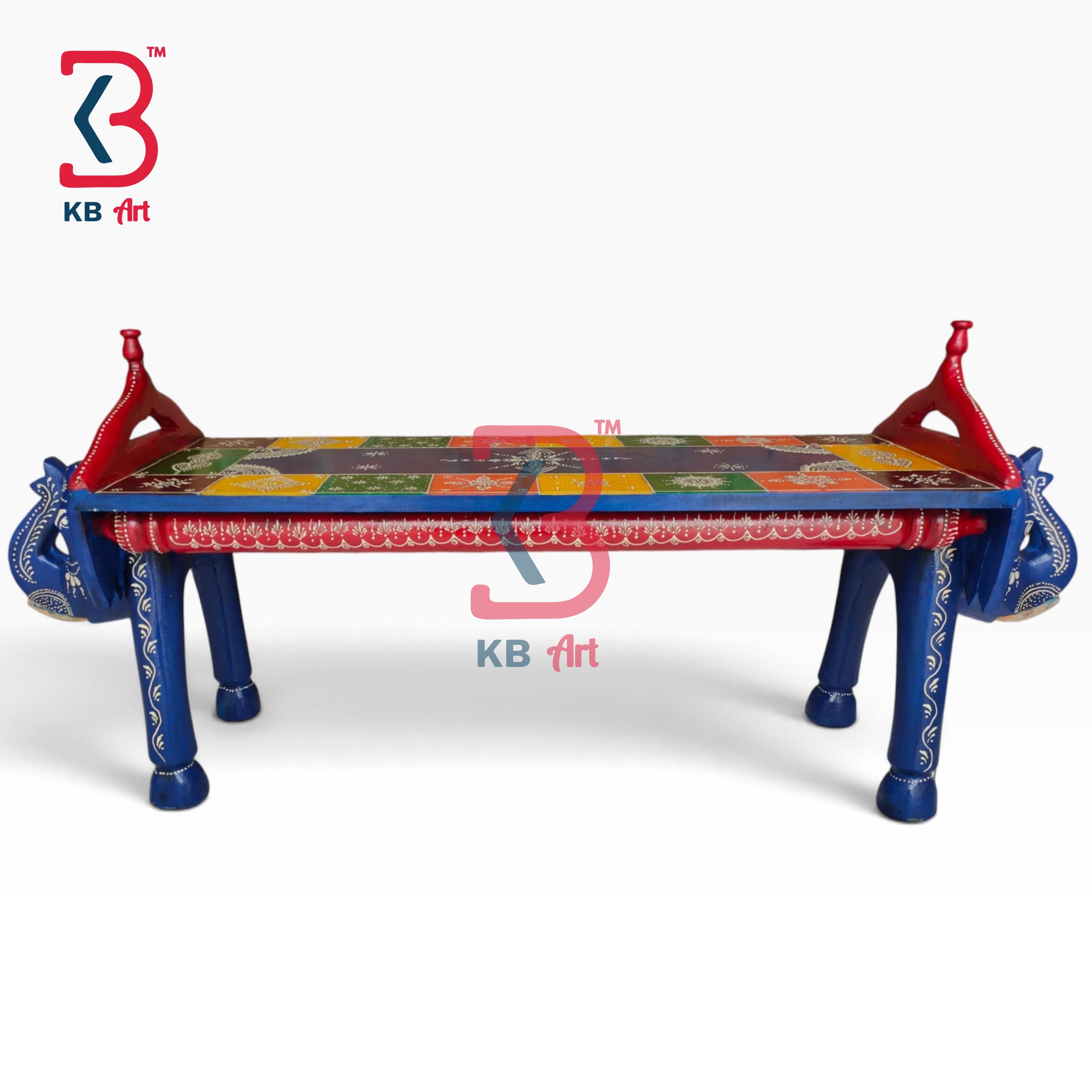 KB ART Wooden Bench KB-5145 - hand finished finish featuring elephant motif design, handmade Jodhpur wood decor
