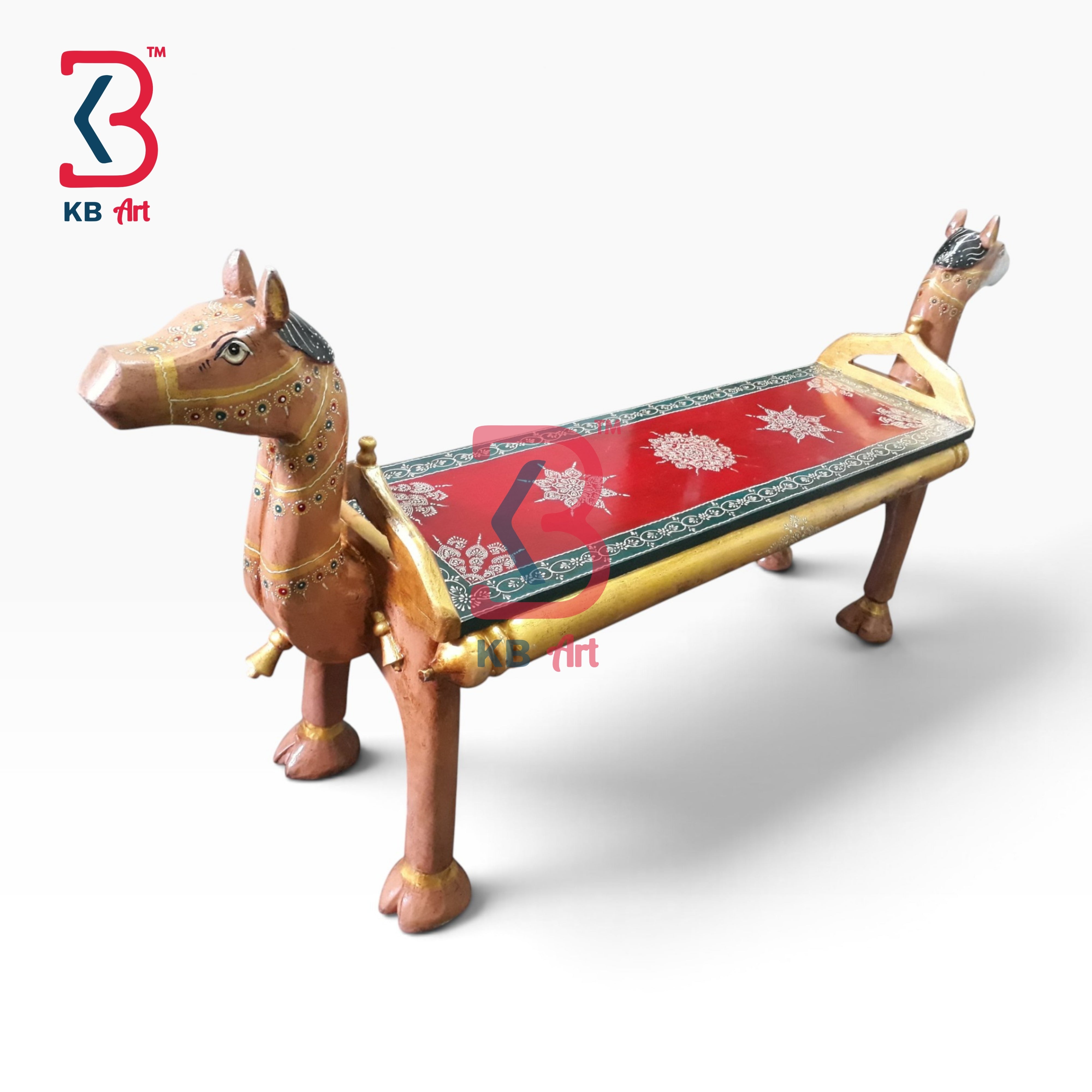 KB ART Wooden Bench KB-5148 - hand painted finish featuring camel motif design, handmade Jodhpur wood decor