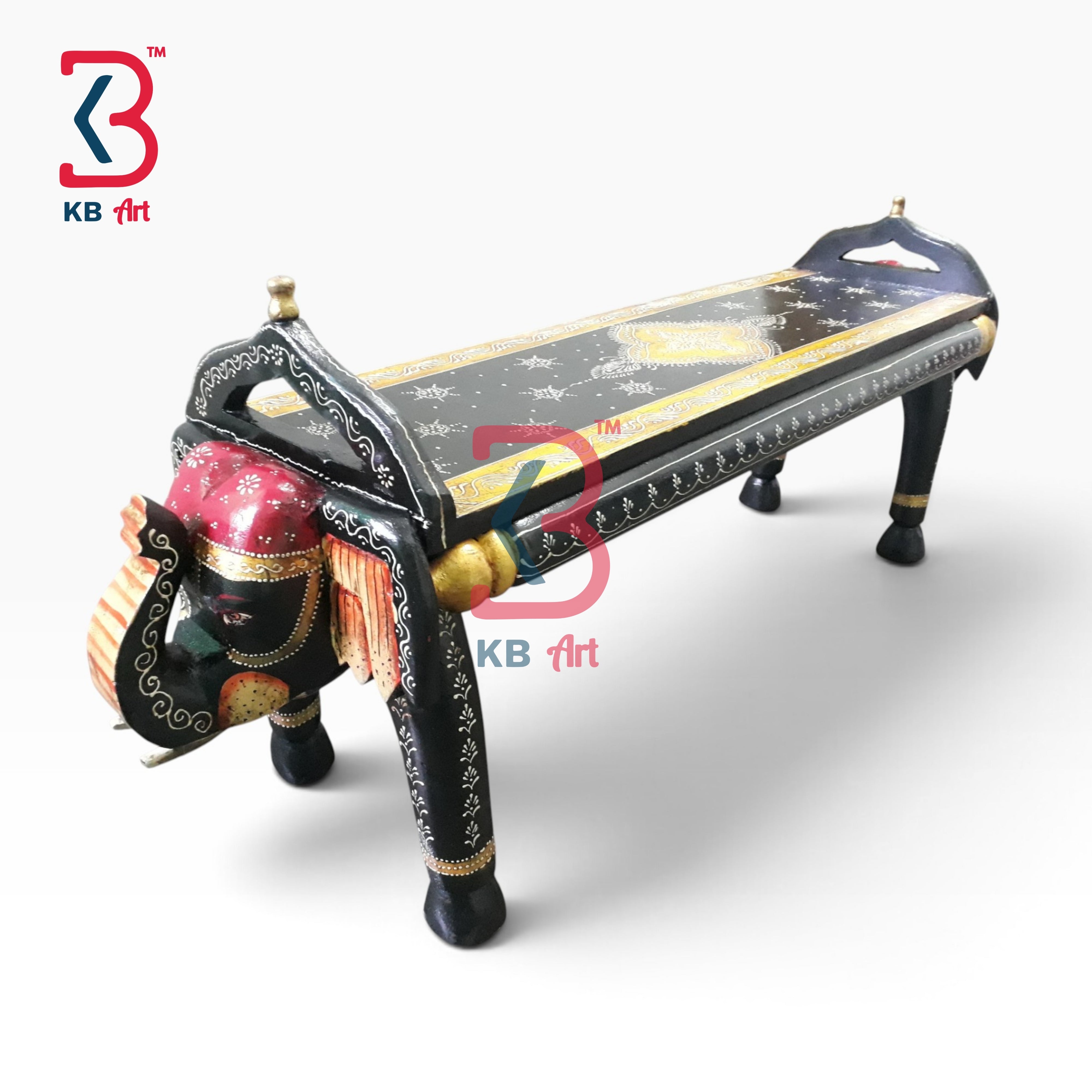 KB ART Wooden Bench KB-5150 - hand finished finish featuring elephant motif design, handmade Jodhpur wood decor