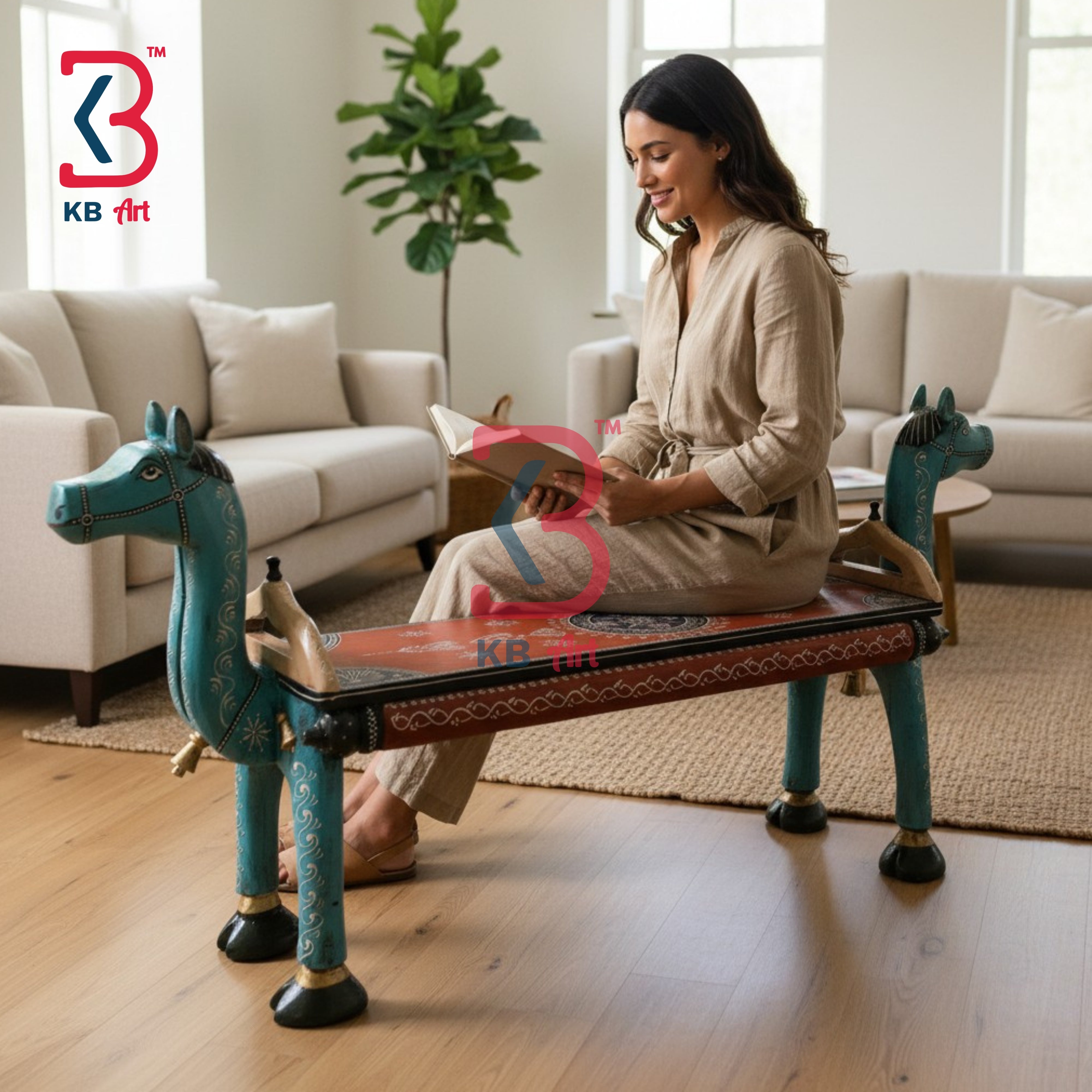 KB ART Wooden Bench KB-5151 - hand finished finish featuring camel motif design, handmade Jodhpur wood decor