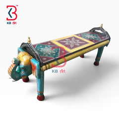 KB ART Wooden Bench KB-5153 - handcrafted finish featuring elephant motif design, handmade Jodhpur wood decor