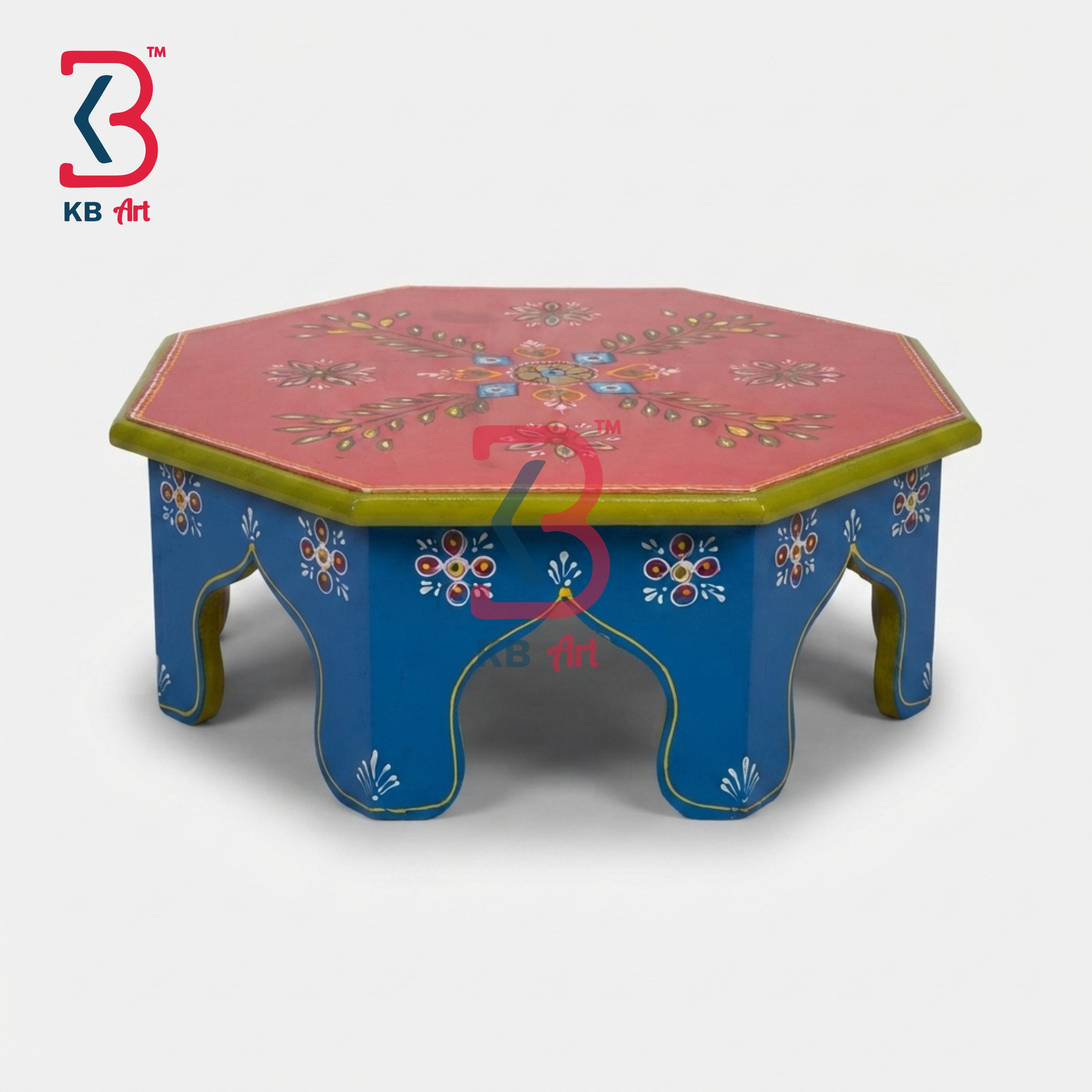 KB ART Wooden Chowki KB-5155 - hand finished finish featuring hexagon motif design, handmade Jodhpur wood decor