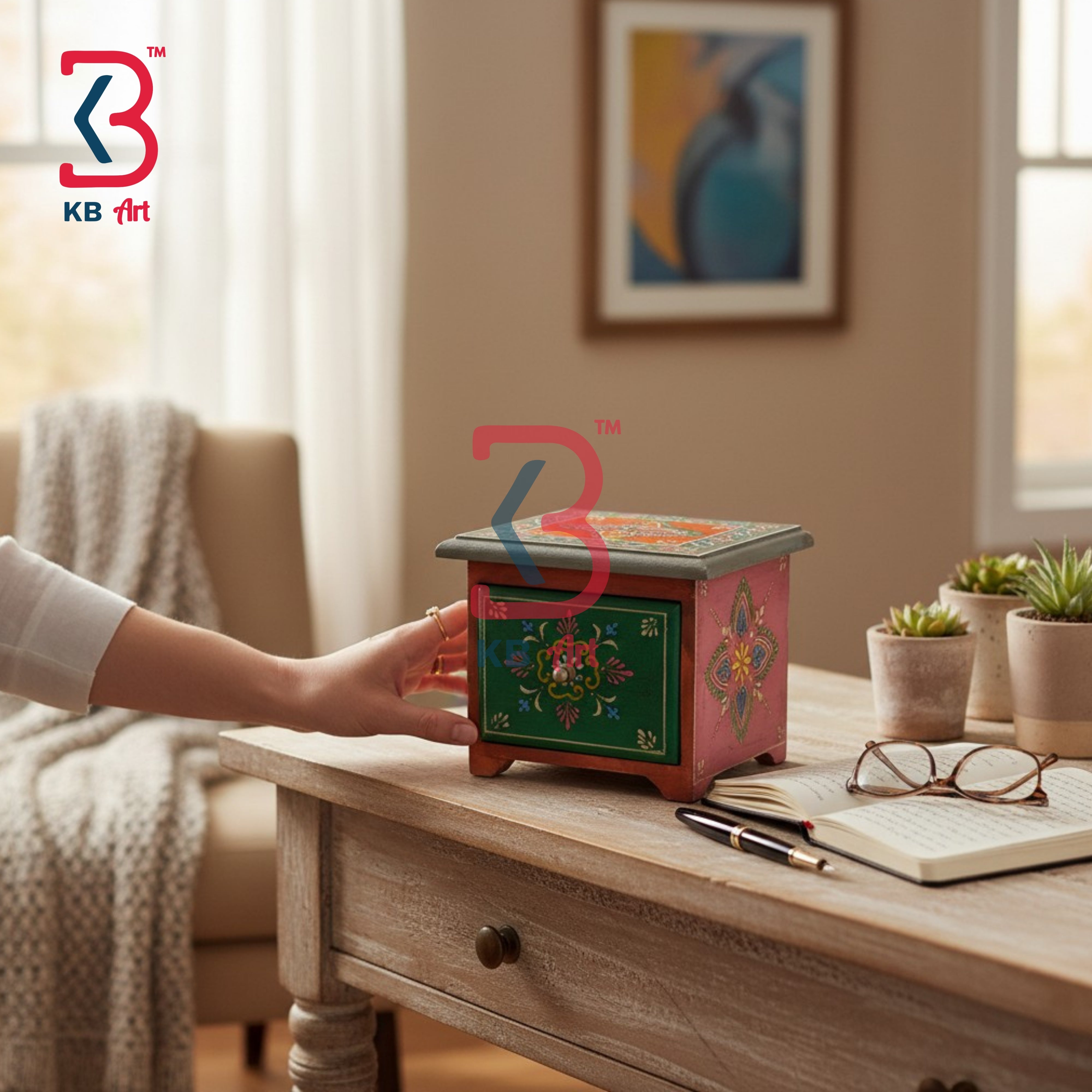 KB ART Compact Wooden MDF Tabletop Drawer Box Cosmetics Handcrafted Indian - Royal Heritage Wooden Mdf Carved Box with Drawer