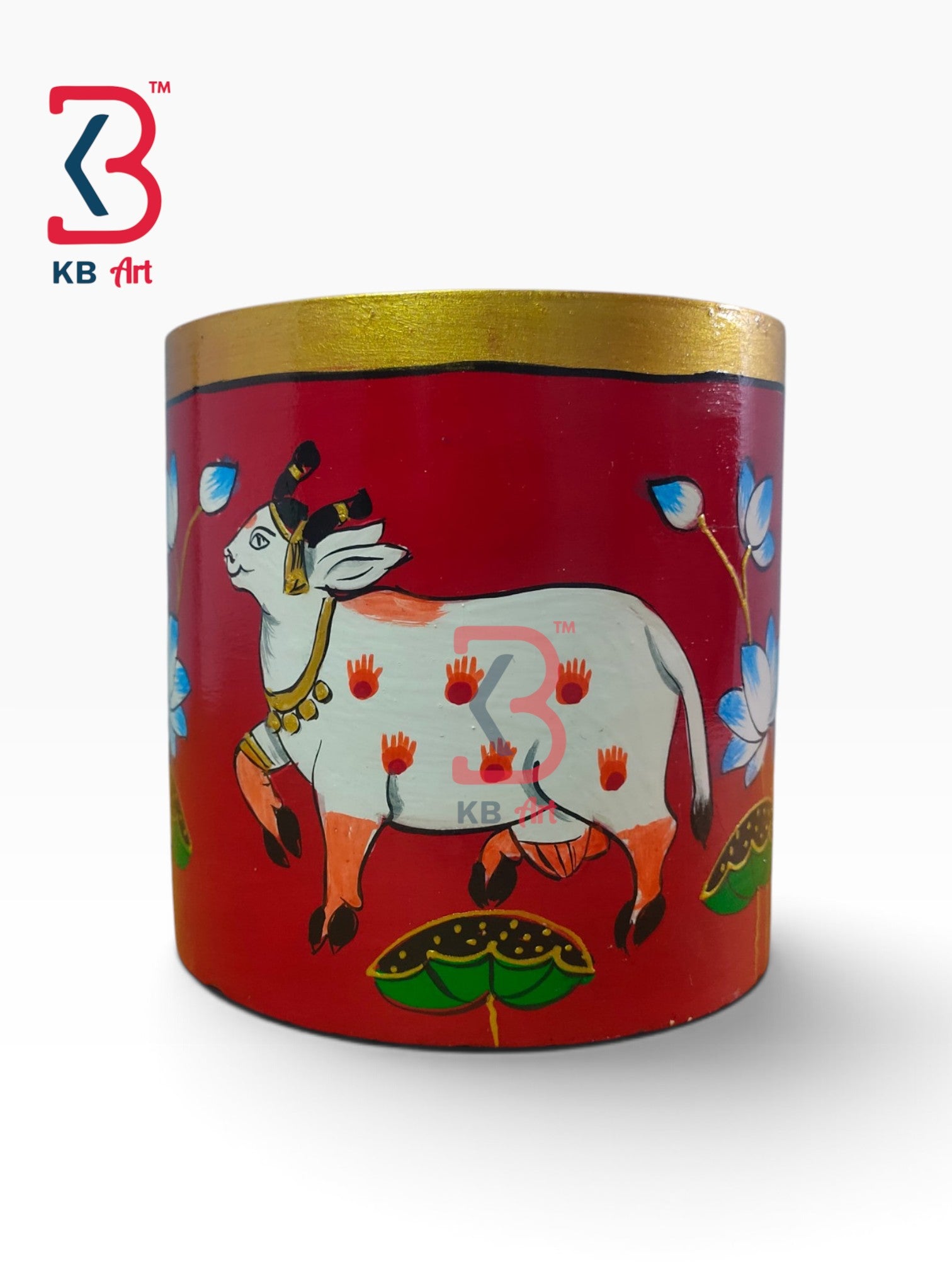 KB ART Traditional Rajasthani Hand Painted Wood Cylindrical Planter Handcrafted Indian - Traditional Rajasthani Hand Painted Wood Cylindrical Planter