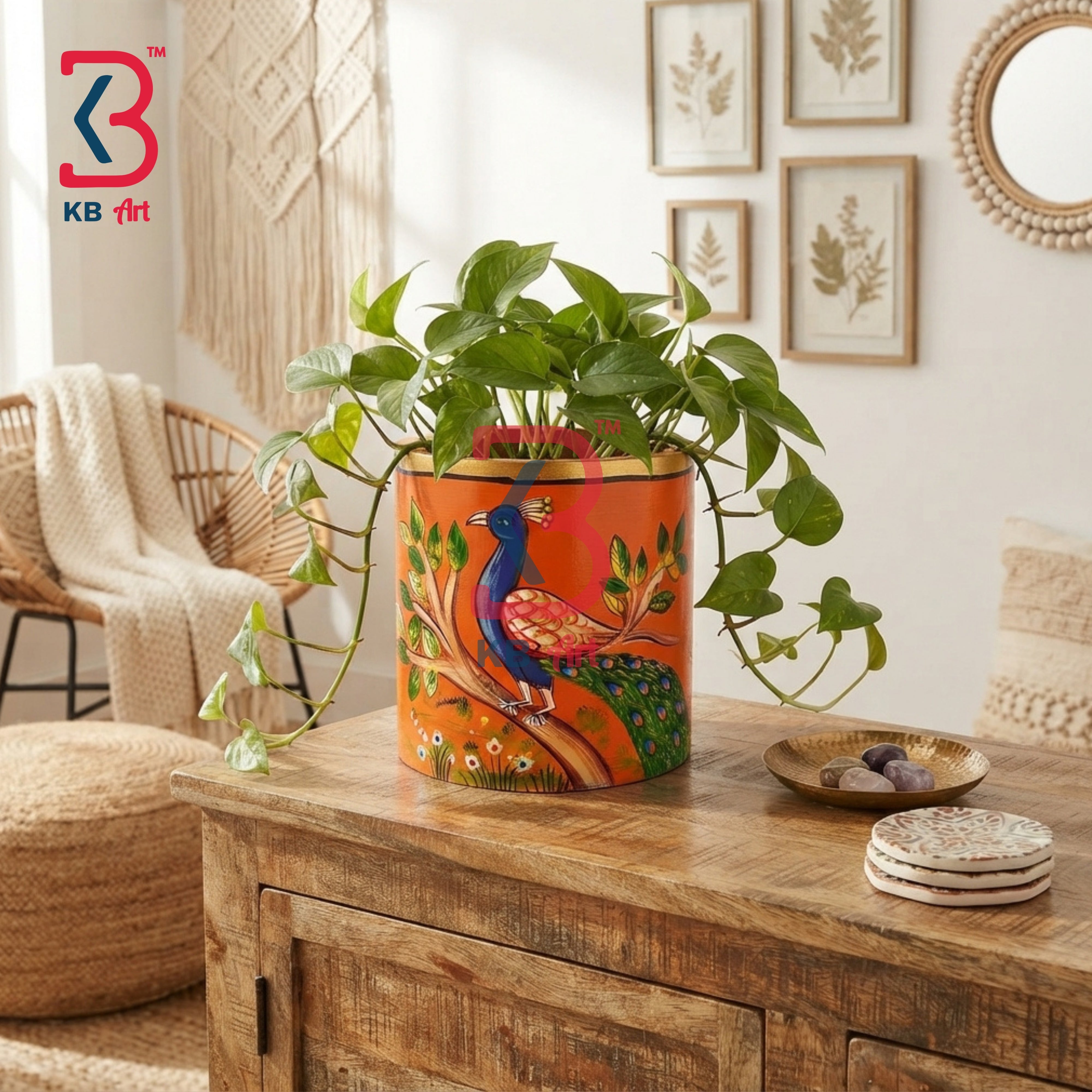 KB ART Hand Carved Wooden Round Plant Pot Living Room Planter - Solid Wood Indoor Flower Pot Kamdhenu Cow Motifs