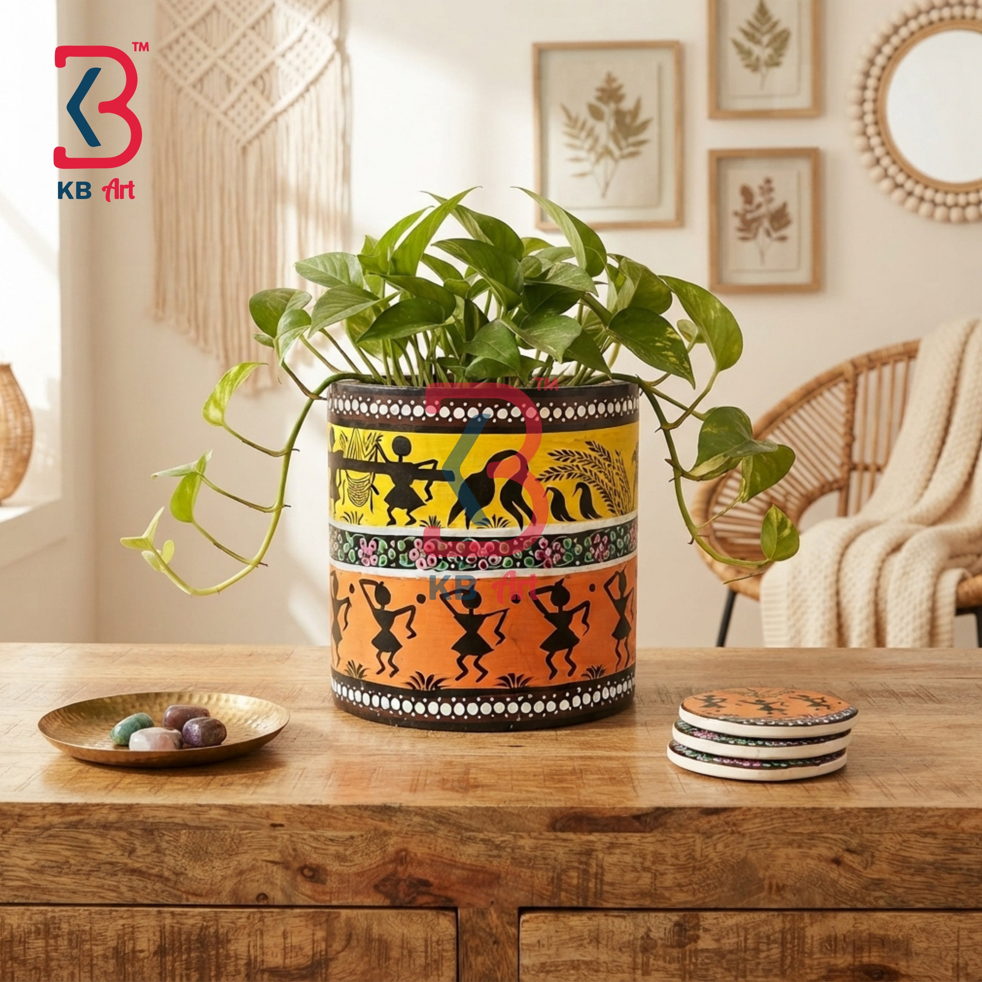 KB ART Artisan Crafted Solid Wood Round Planter Home Styling Handcrafted - Pichwai Art Wooden Cylindrical Pot for Money Plant
