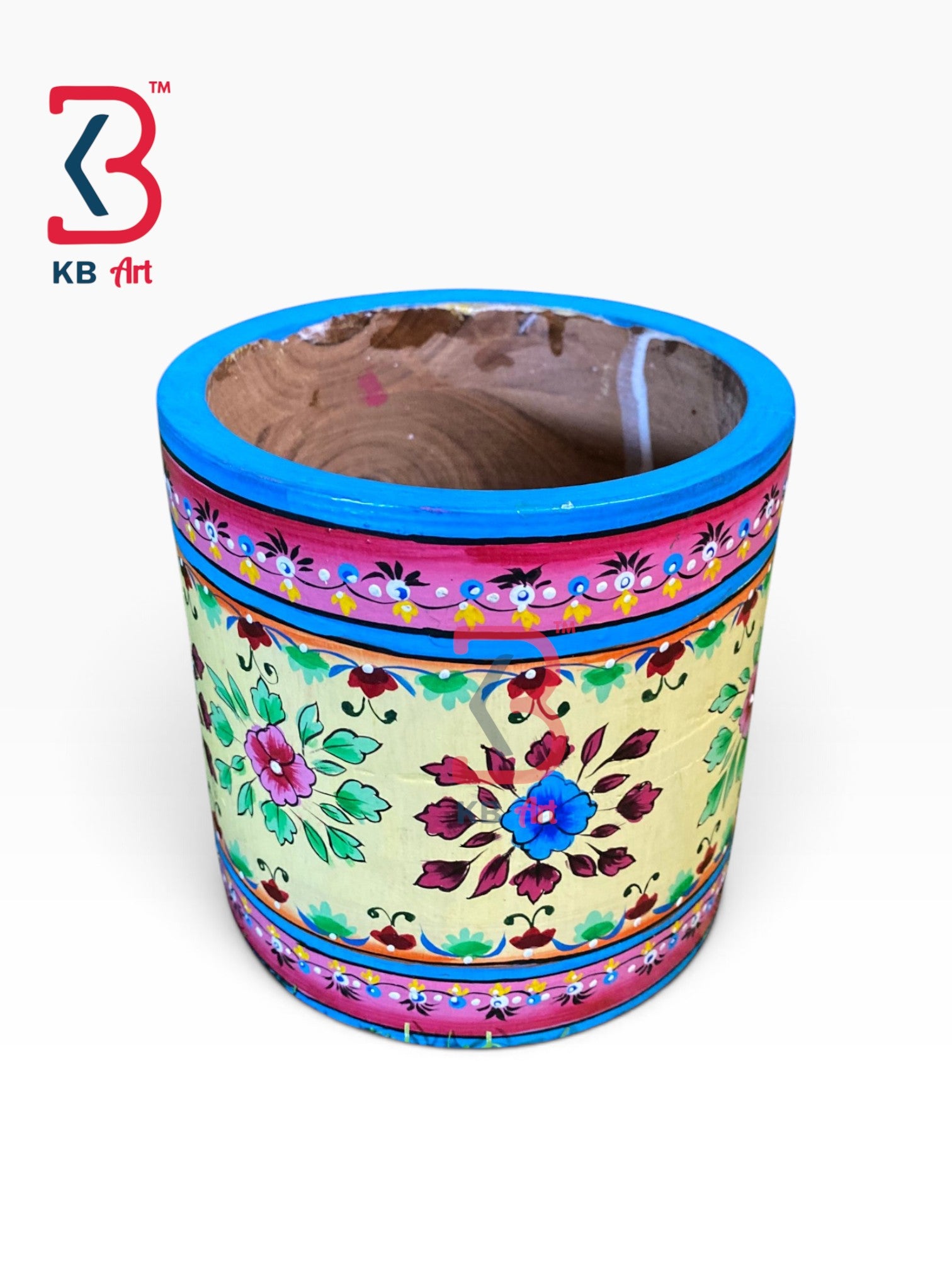 KB ART Rustic Hand Painted Wood Round Planter Balcony Handcrafted Indian - Rustic Hand Painted Wood Round Planter for Balcony