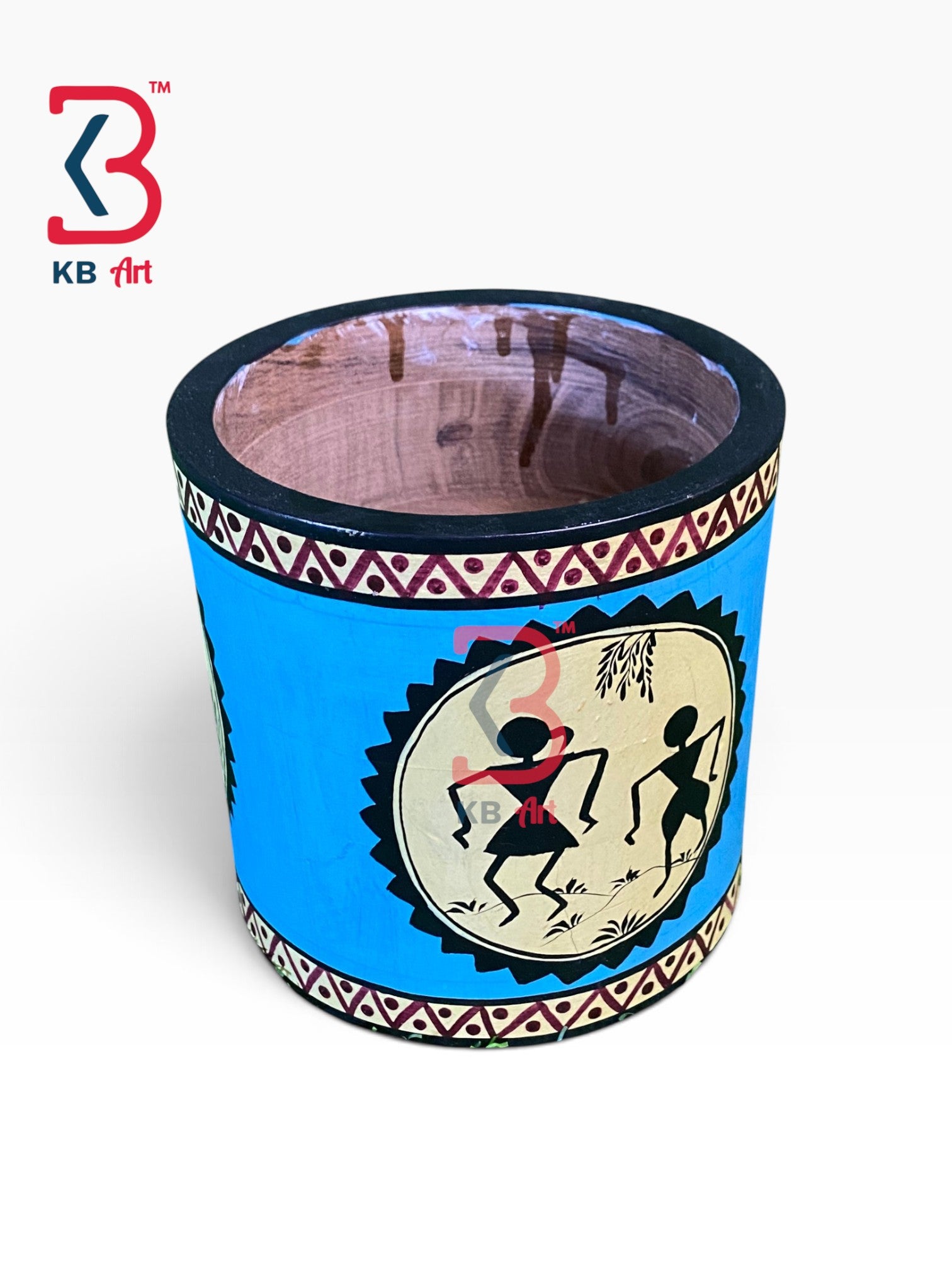 KB ART Ethnic Wooden Round Planter Pot Housewarming Gift Handcrafted Indian - Ethnic Wooden Round Planter Pot Housewarming Gift