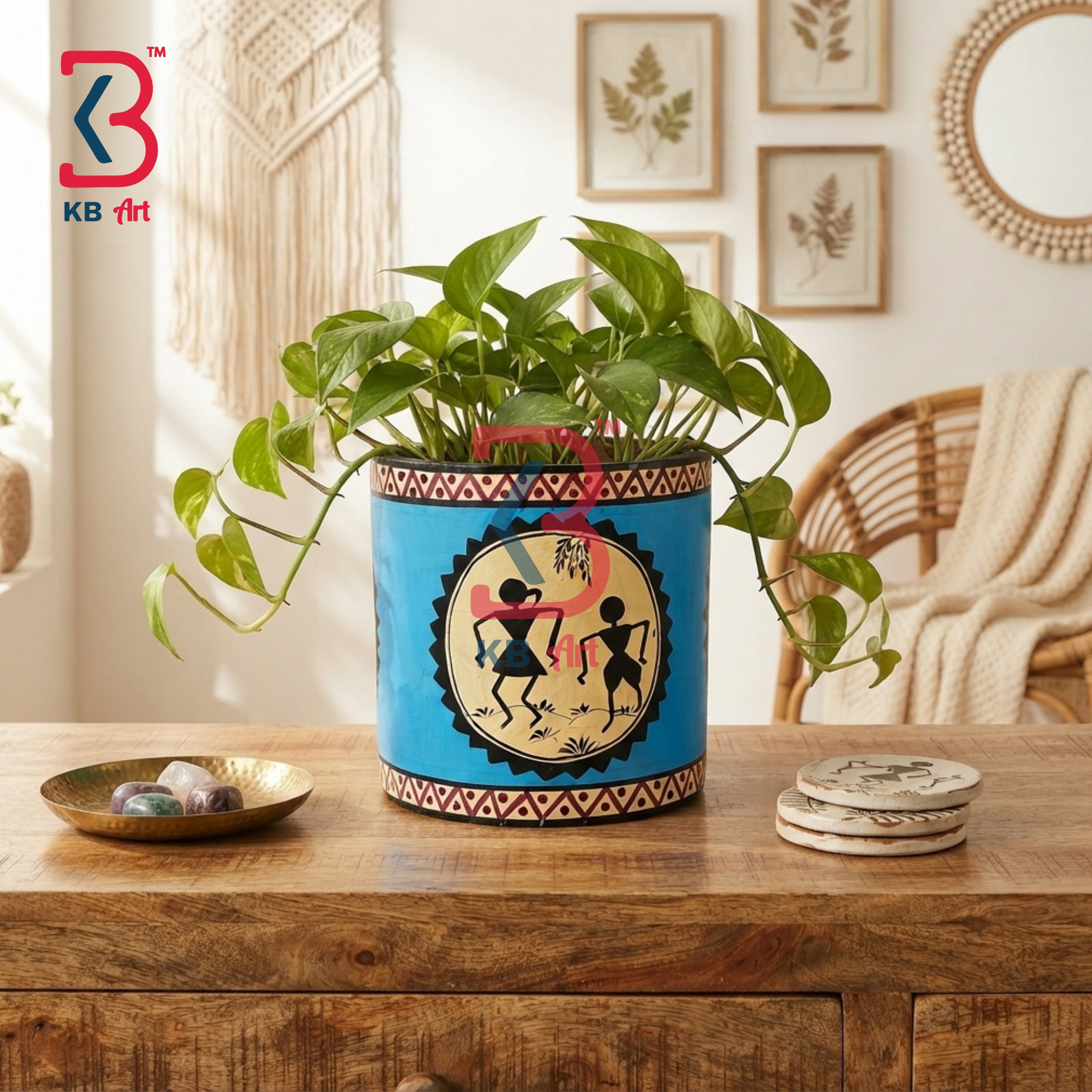 KB ART Ethnic Wooden Round Planter Pot Housewarming Gift Handcrafted Indian - Vintage Style Painted Wooden Tabletop Plant Holder