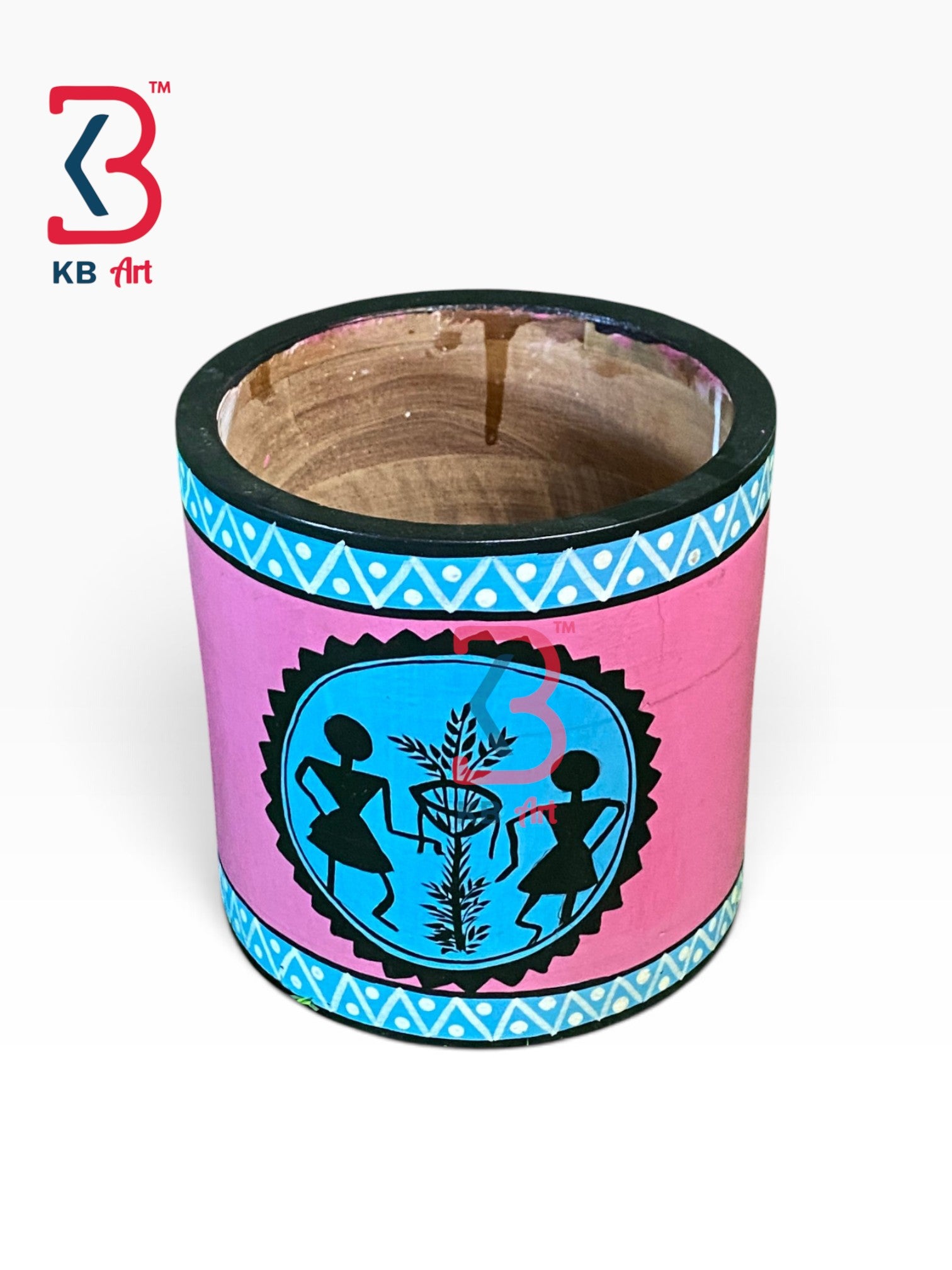 KB ART Hand Painted Wood Planter Office Desk Handcrafted Indian Artisan - Decorative Hand Painted Wood Planter for Office Desk