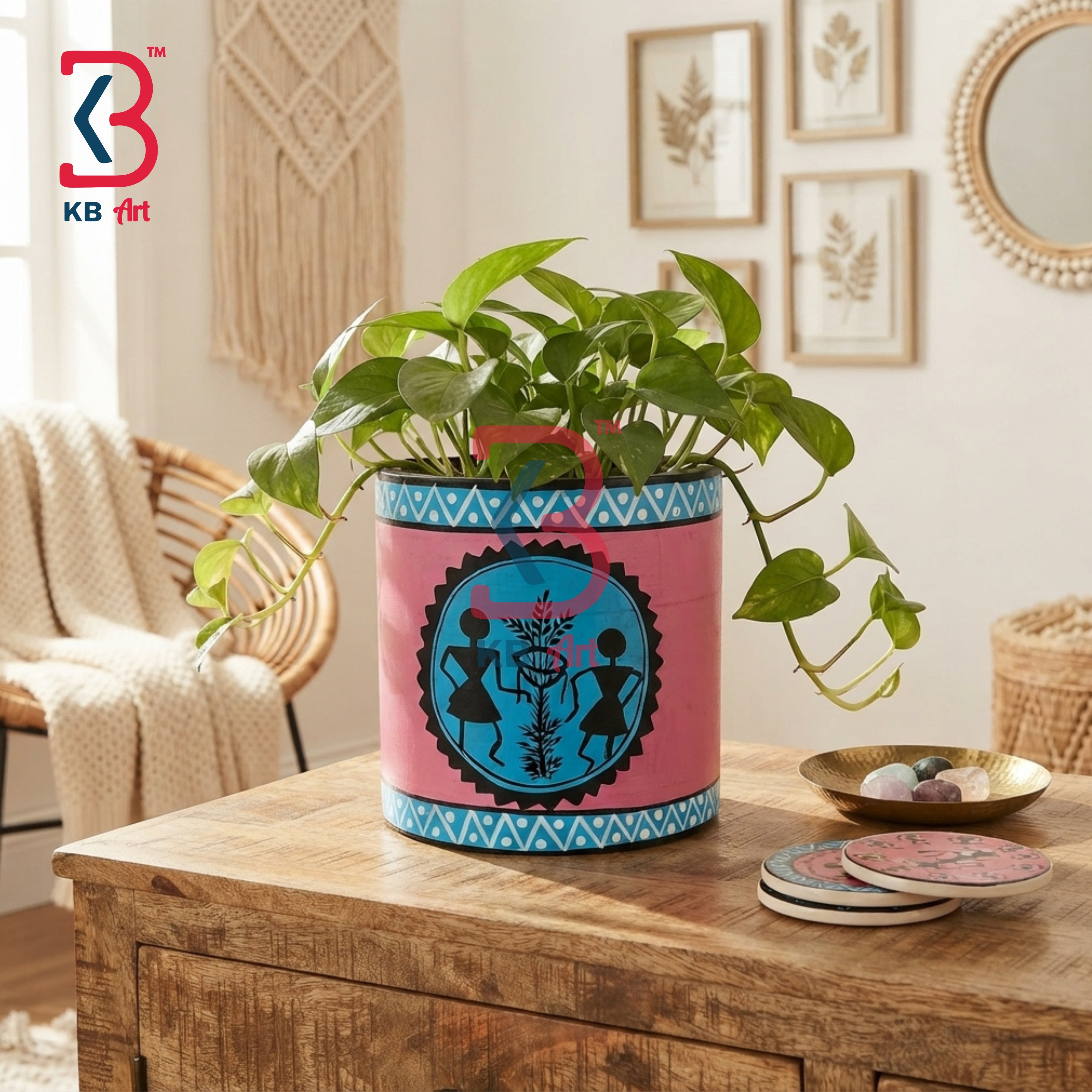 KB ART Hand Painted Wood Planter Office Desk Handcrafted Indian Artisan - Handcrafted Round Wooden Flower Pot for Center Table