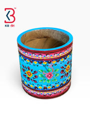 KB ART Handcrafted Wooden Cylindrical Flower Pot Showpiece Planter Indian Artisan - Handcrafted Wooden Cylindrical Flower Pot Showpiece