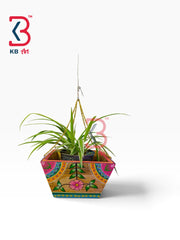KB ART Handcrafted Wooden Trapezoid Flower Pot Showpiece Planter Indian Artisan - Handcrafted Wooden Trapaziuml Flower Pot Showpiece - Alternate Angle