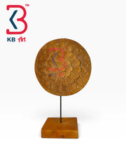 KB ART Traditional Hand Carved Wood Medallion Disc Metal Stand Handcrafted - Traditional Hand Carved Wood Medallion Disc on Metal Stand