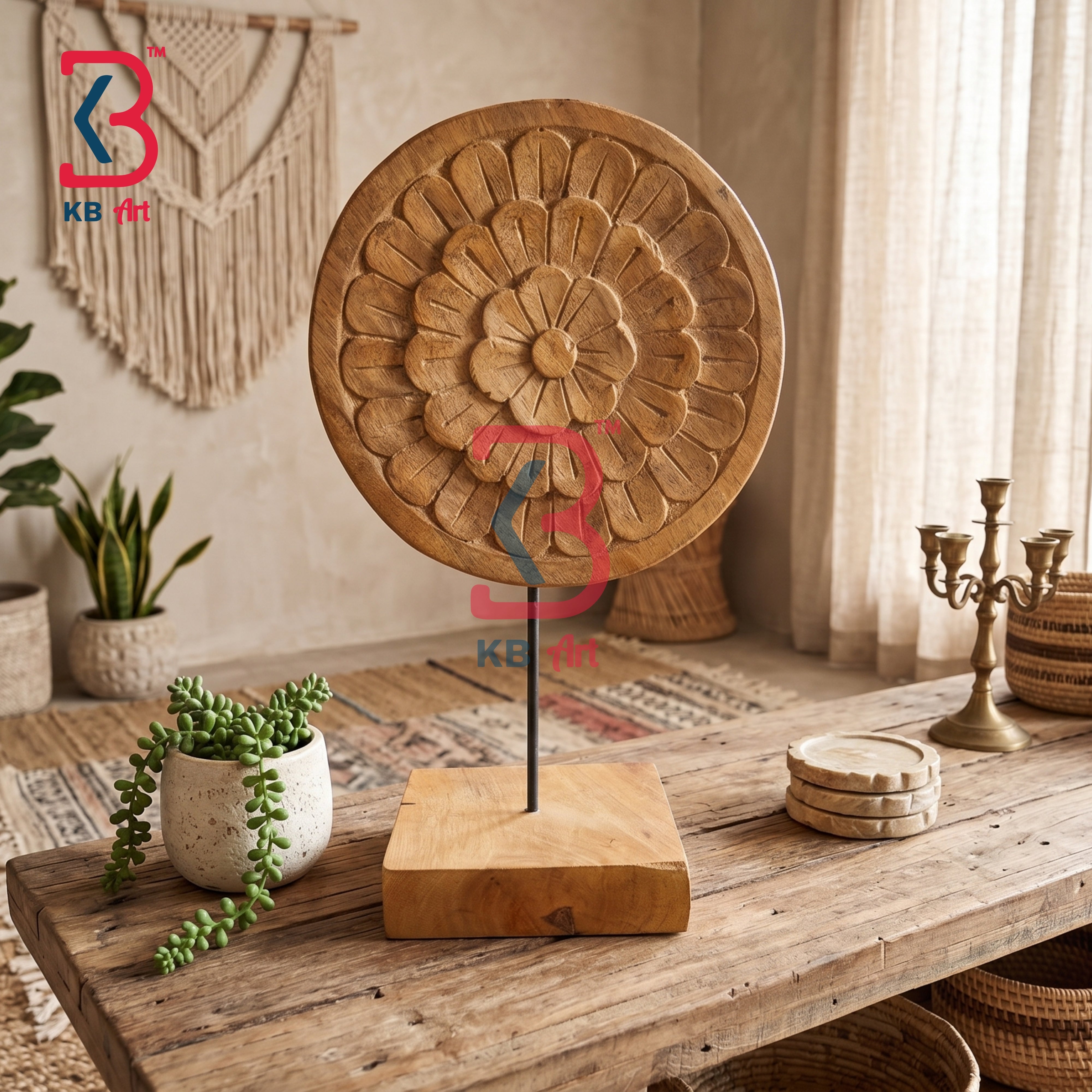 KB ART Traditional Hand Carved Wood Medallion Disc Metal Stand Handcrafted - Handcrafted Wooden Carved Round Plate with Stand Tabletop Decor
