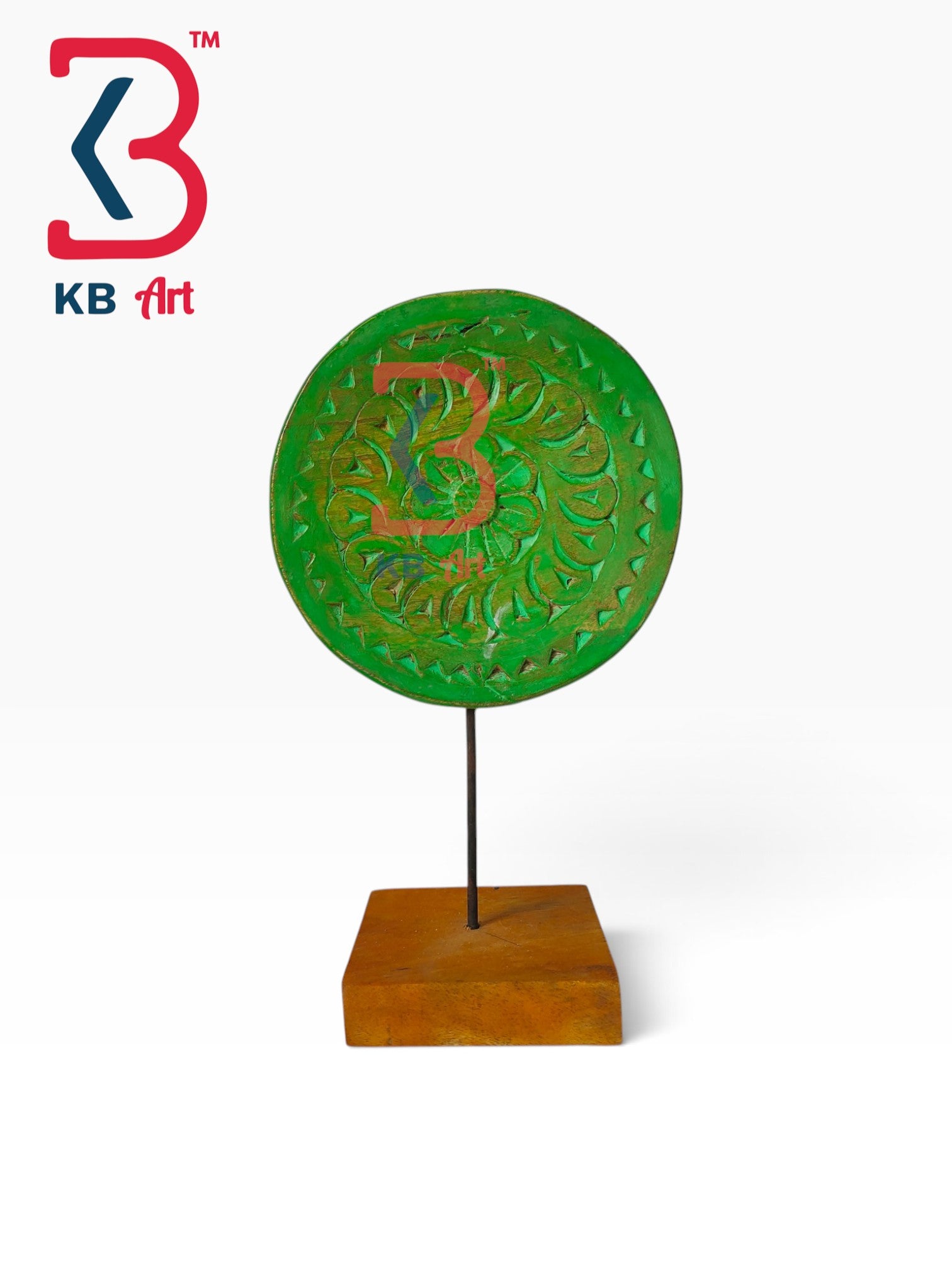KB ART Boho Wooden Carved Circular Plate Base Stand Disc Handcrafted - Boho Wooden Carved Circular Plate on Base Stand