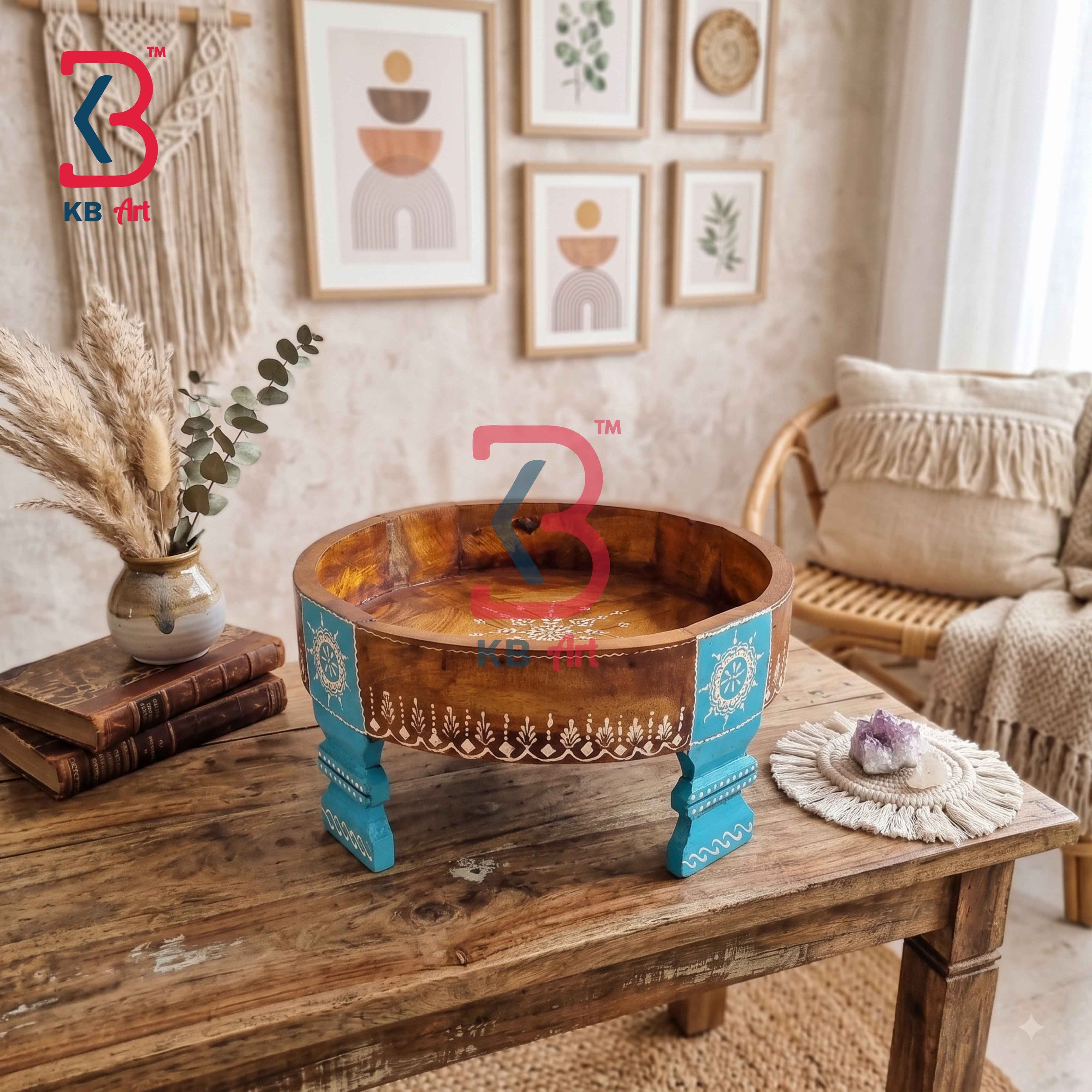 Antique Style Wooden Grinder Chakki Coffee Table Decor Handcrafted Indian Artisan Tabletop Riser Accent Shelf Pooja Home Interior Heritage Gift