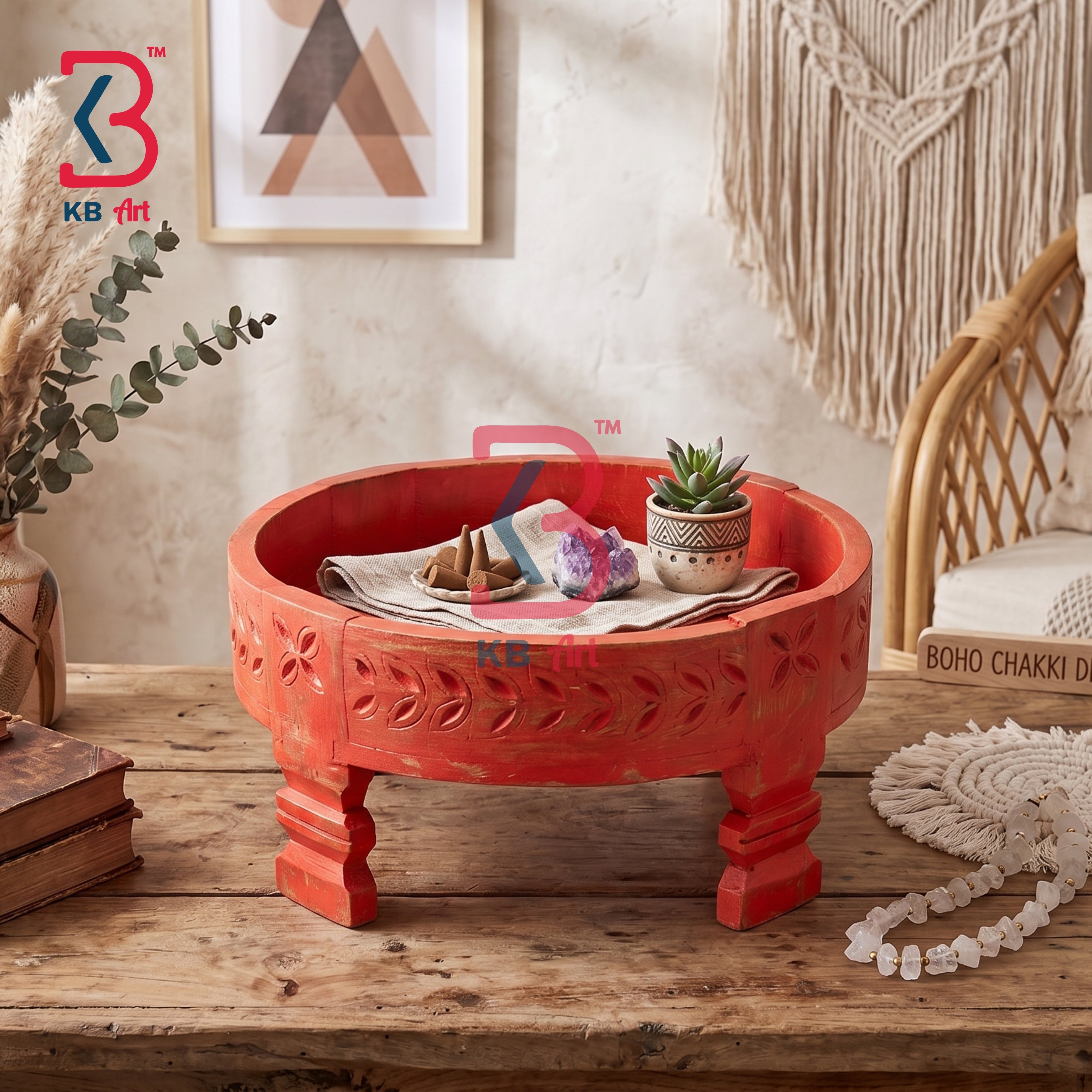 KB ART Authentic Jodhpur Handicrafts Wooden Carved Chakki Handcrafted Indian Artisan - Handcrafted Wooden Chakki Stool for Living Room Decor