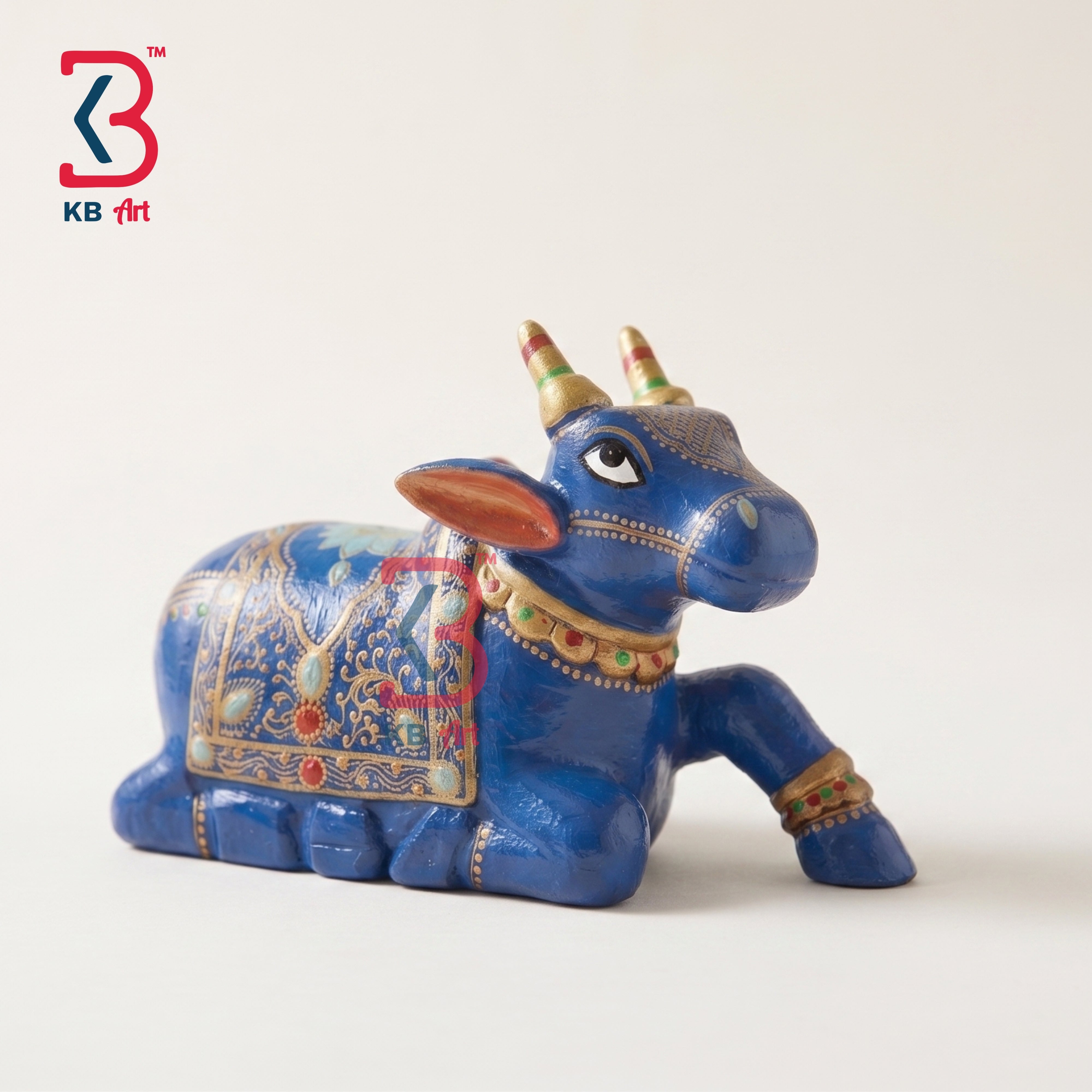 KB ART Ethnic Indian Hand Painted Blue Wood Nandi Sculpture Handcrafted - Ethnic Indian Hand Painted Blue Wood Nandi Sculpture