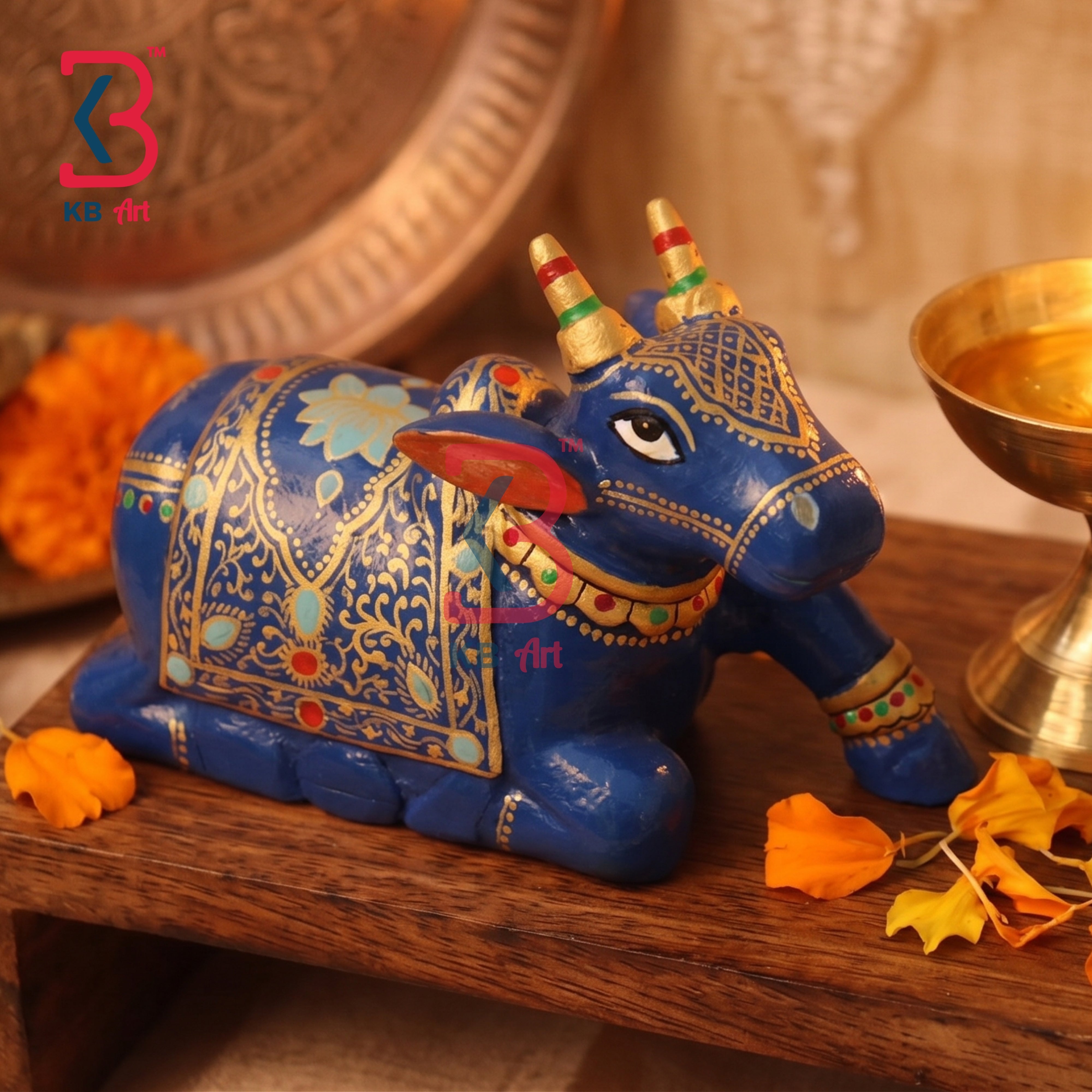 KB ART Ethnic Indian Hand Painted Blue Wood Nandi Sculpture Handcrafted - Royal Blue Wooden Carved Nandi Showpiece for Mandir Altar